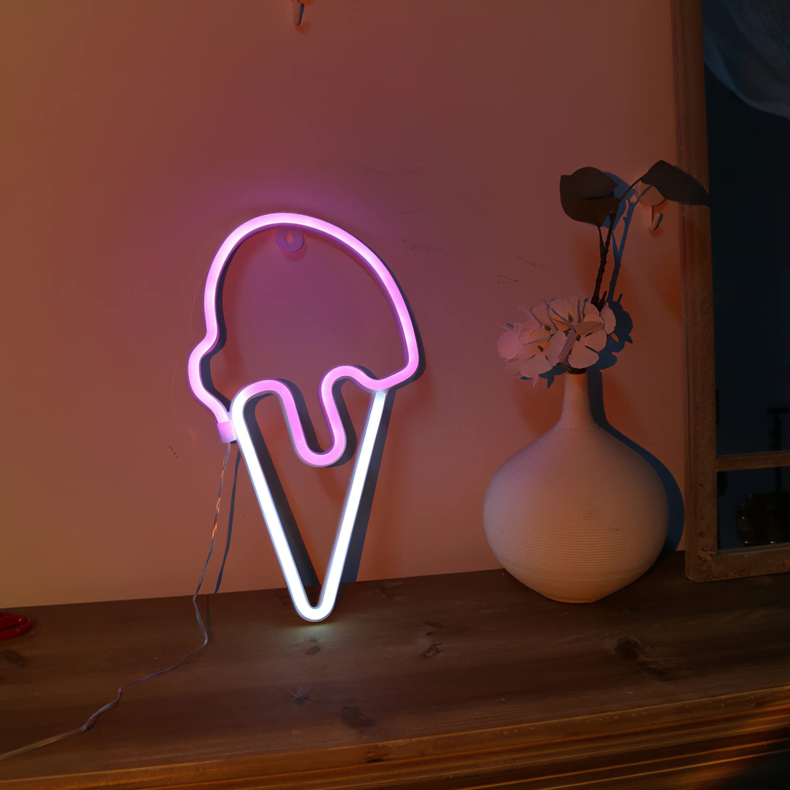 Vibrant CAMPSLE Ice Cream Neon Sign - LED Neon Lamp for Unique Room Decor | USB & Battery Powered Art Night Light for Home, Bedroom, Office & Party | Perfect for Ice Cream Shops, Teen Rooms & Retro Themed Events