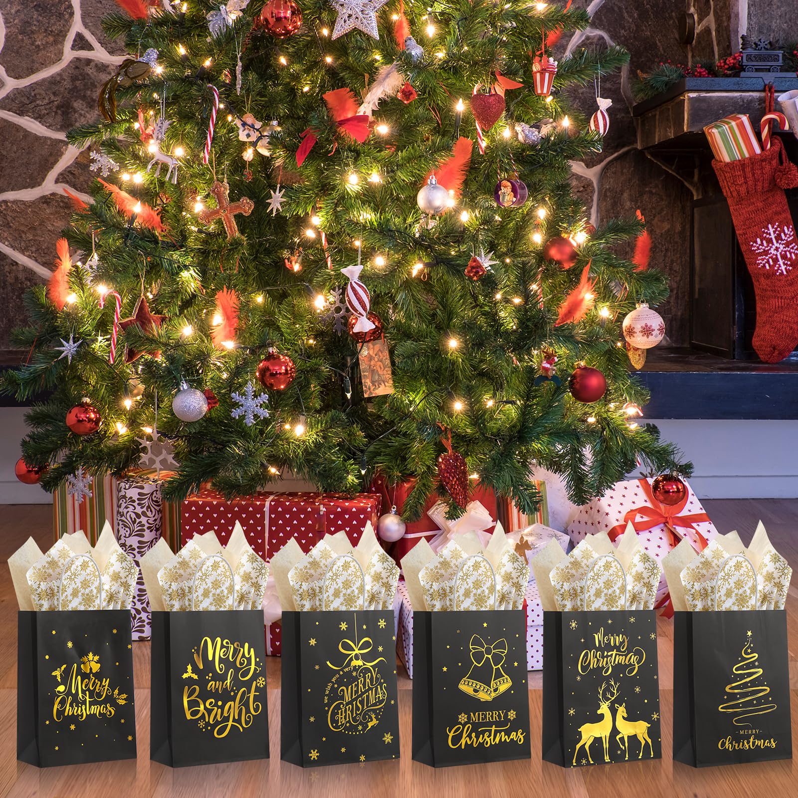 24-Piece Christmas Gift Bags Bulk Set with Snowflake Tissue Paper - 6 Elegant Black & Gold Foil Designs, Small Reusable Party Favor Bags with Handles - Perfect for Holiday Gifting, Xmas Treats, Office Exchanges & Festive Celebrations