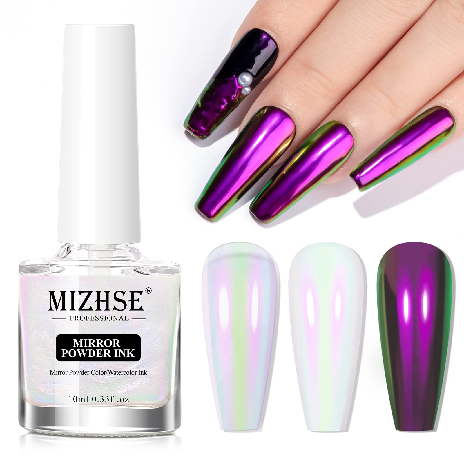 MIZHSE Chrome Nail Powder & Liquid Mermaid Nail Polish - Aurora Magic Metallic Mirror Nail Gel with Glitter Pearl Effect (10ml) for Professional Salon Manicure & DIY Nail Art at Home