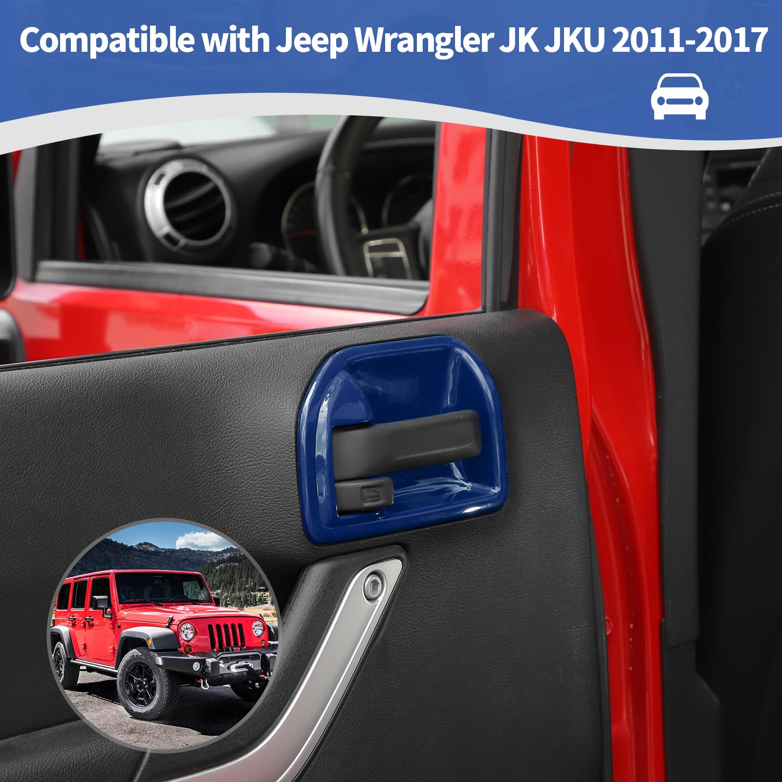 Jeep Wrangler JK JKU Inner Door Handle Cover Bowl Trim - RT-TCZ Fit 2011-2017 4DR Models | Blue Interior Accessories (4pcs) | Upgrade Your Jeep's Interior Style & Protection