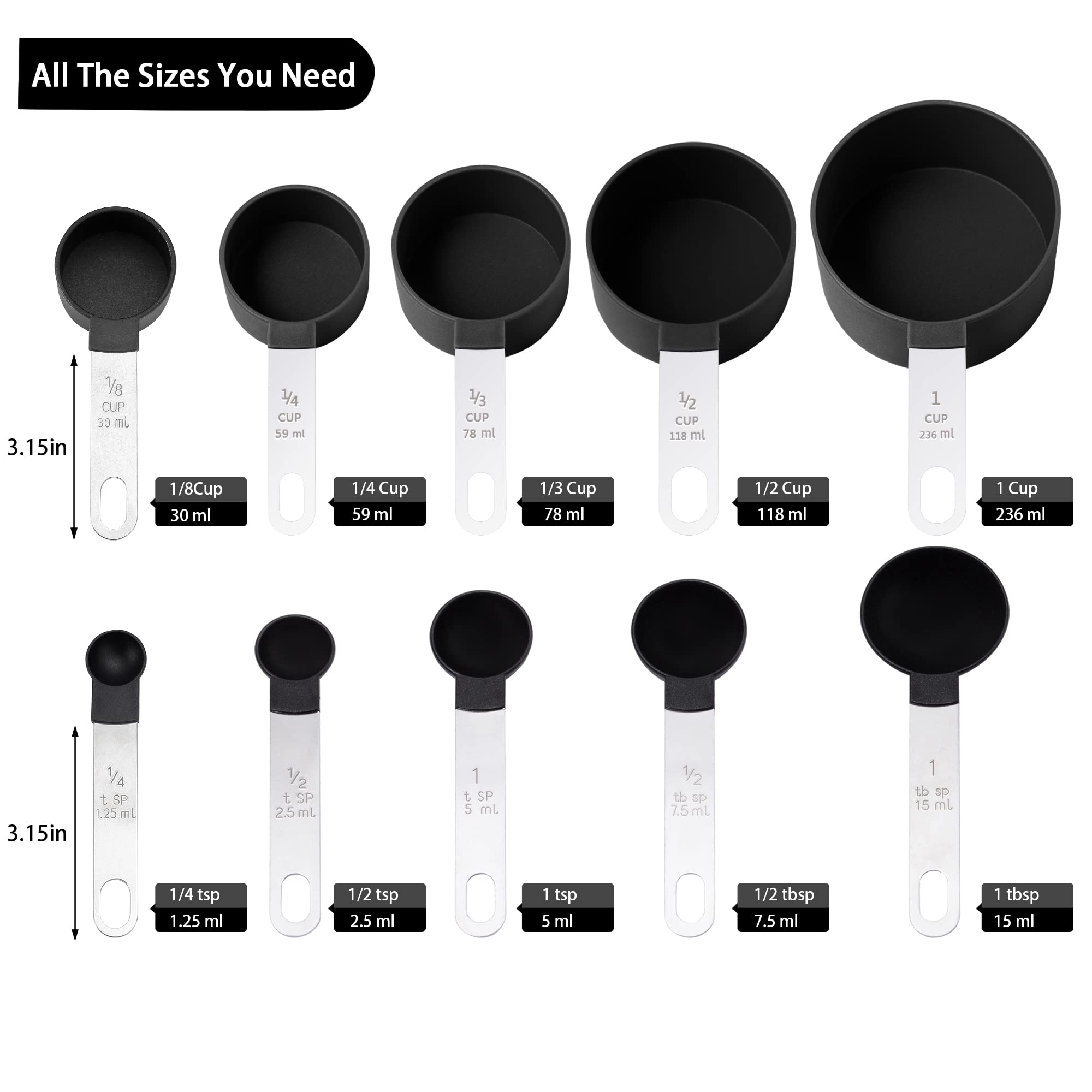 Premium 10-Piece Stainless Steel Measuring Cups and Spoons Set - Stackable Kitchen Essentials for Dry & Liquid Ingredients (Black) | Perfect for Baking, Cooking & Meal Prep