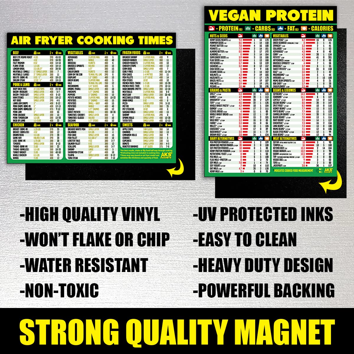 Air Fryer Cheat Sheet & Vegan Protein Guide Magnet Bundle - XL Easy-Read Cooking Reference Charts for Healthy Air Frying & Plant-Based Nutrition - Perfect Kitchen Accessories for Meal Prep & Vegan Lifestyle