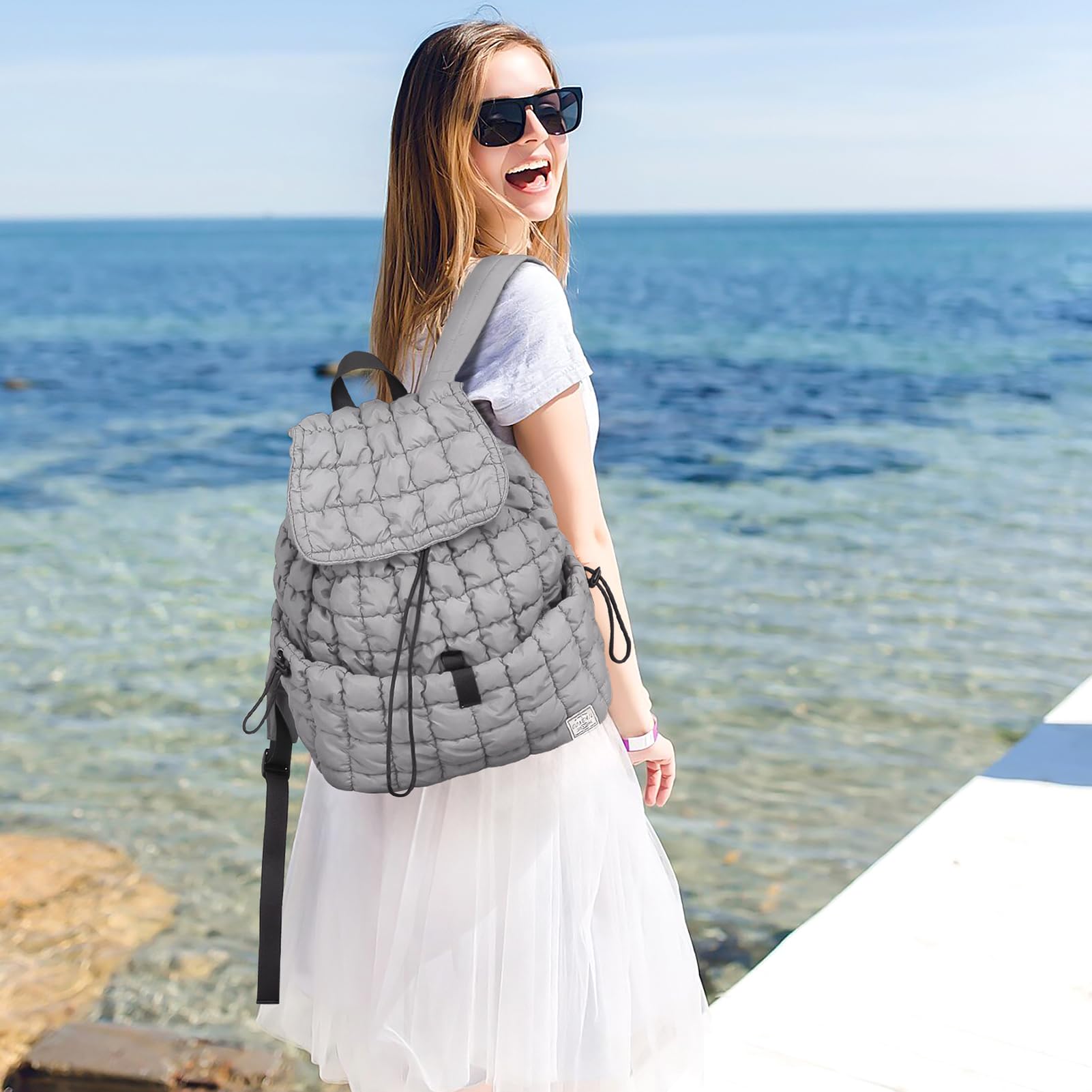 CONTAIL 18L 14 Inch Quilted Puffer Backpack - Waterproof Top Flap Drawstring Laptop Backpack for Women & Men, Lightweight Travel Daypack for School, Work, Hiking & Outdoor Activities (Grey)