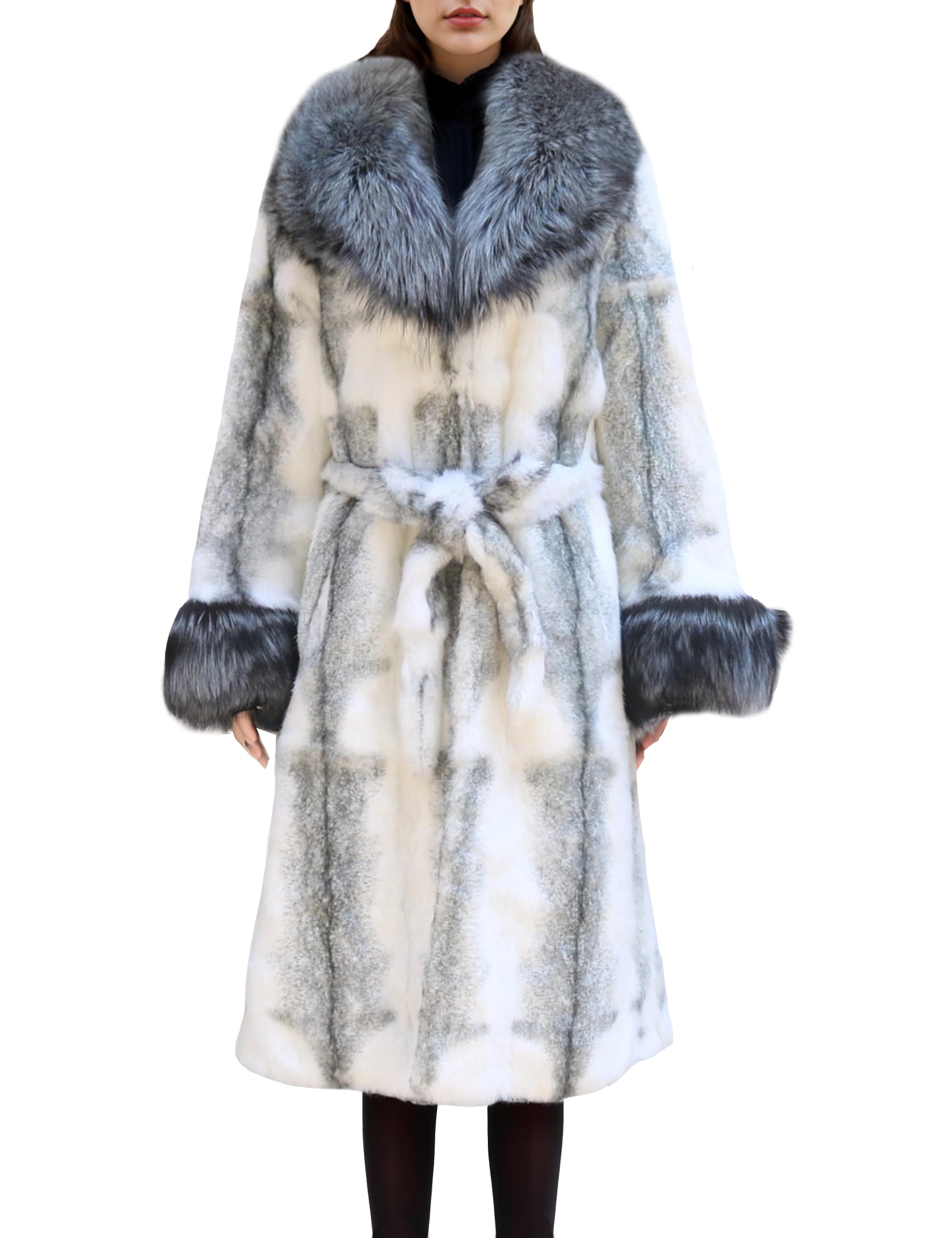 Luxury Women's Genuine Rabbit Fur Coat - Winter Long Jacket with Fox Fur Collar & Cuffs | Warm Elegant Outerwear for Cold Weather & Special Occasions