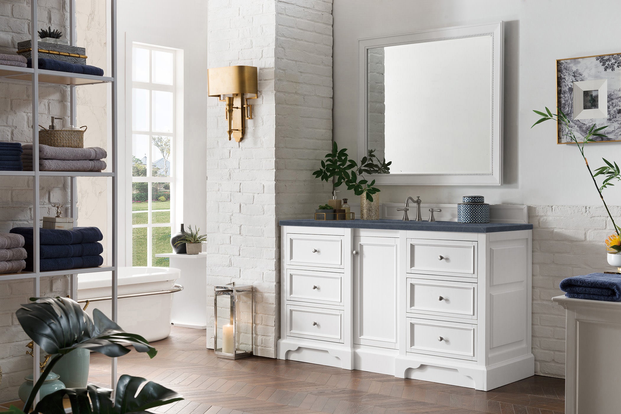 De Soto 60 Inch Single Bathroom Vanity Set with Bright White Finish & 3CM Charcoal Soapstone Quartz Countertop - Modern Sink Cabinet for Small Space Bathroom Remodel, Powder Room or Guest Bath