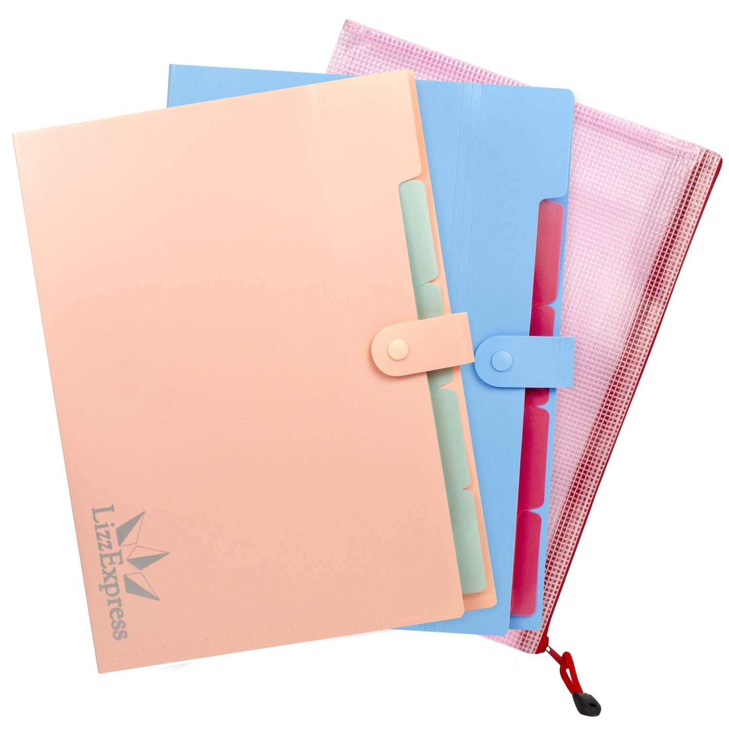 Lizz Express Plastic File Folder Organizer - 5-Pocket Expanding Accordion Folder with Tabs for Documents, Papers, Receipts | Perfect for Office, School, Home Organization (Pink Set)
