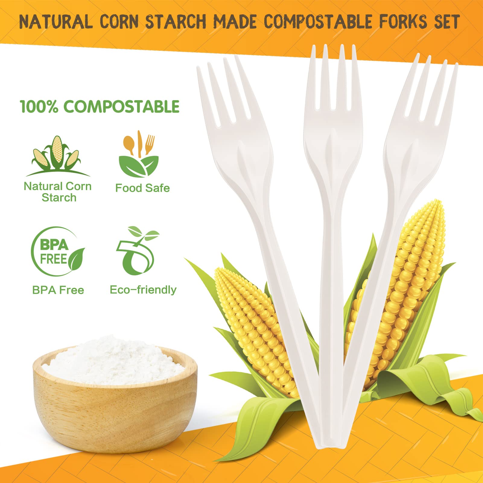 Eco-Friendly Compostable Forks 150 Count - 7 Inch Heavy-Duty Disposable Cutlery Set | Biodegradable Utensils for Parties, Picnics & Outdoor Events