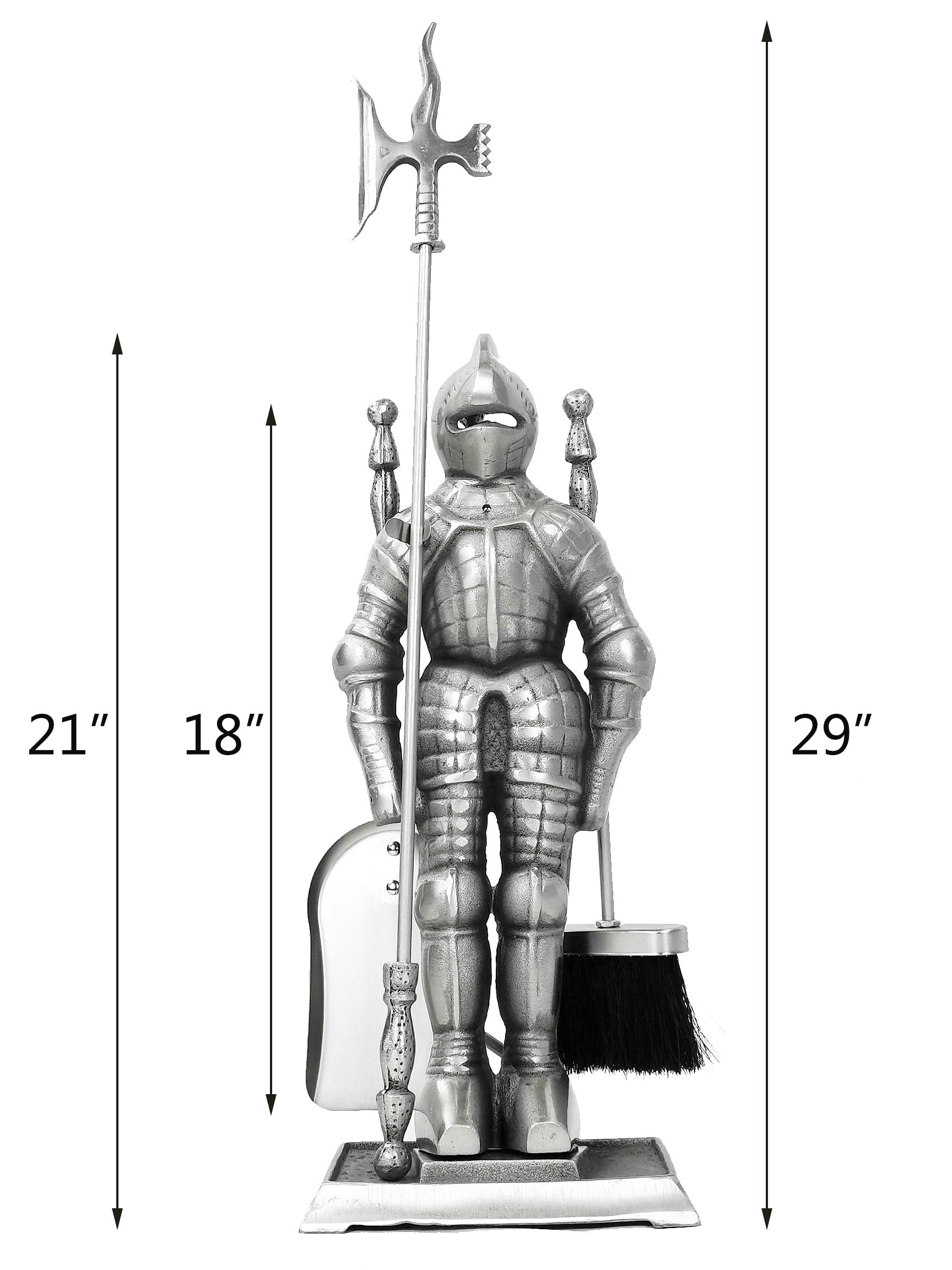 Medieval Knight Fireplace Tools Set - Heavy Duty Cast Iron Fireplace Accessories with Knights Templar & Teutonic Design - Silver Fireplace Decor for Rustic Home, Castle Theme, and Historical Interior Decoration