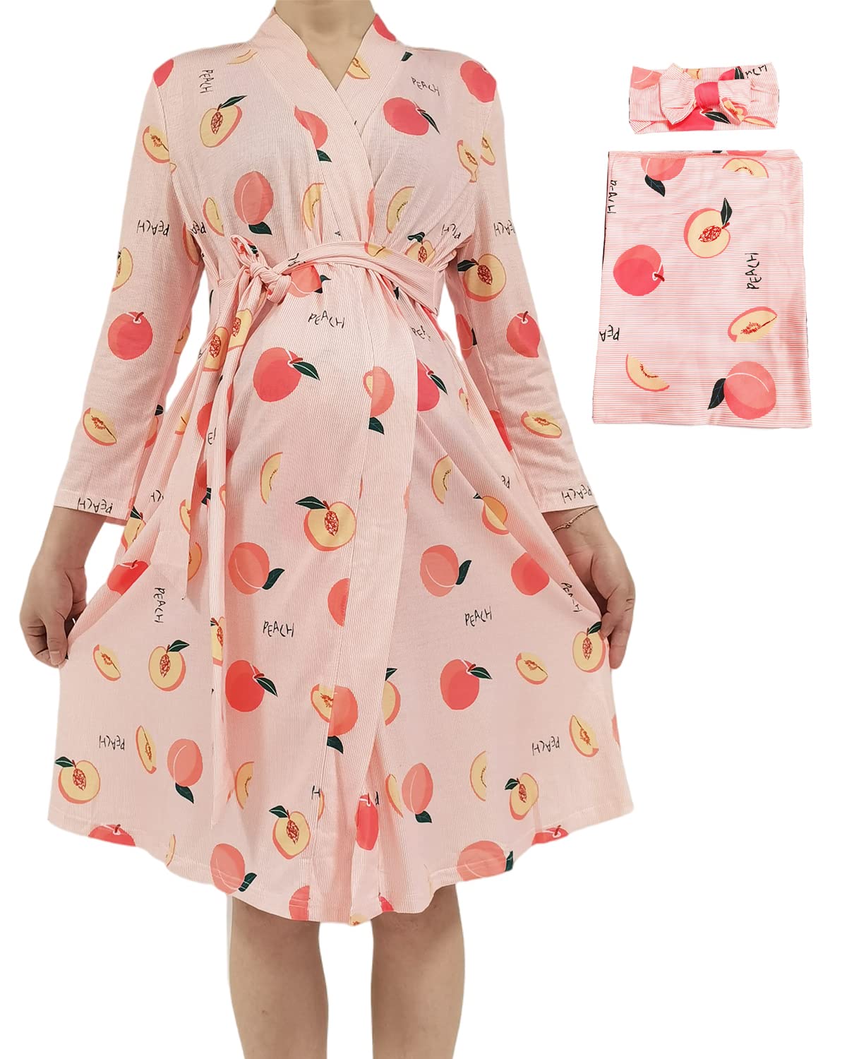 Maternity Nursing Robe for Women - 3 in 1 Pregnancy Hospital Gown, Breastfeeding & Delivery Nightgown with Matching Swaddle Set | Comfortable Postpartum & Nursing Wear for Hospital, Home & Newborn Care
