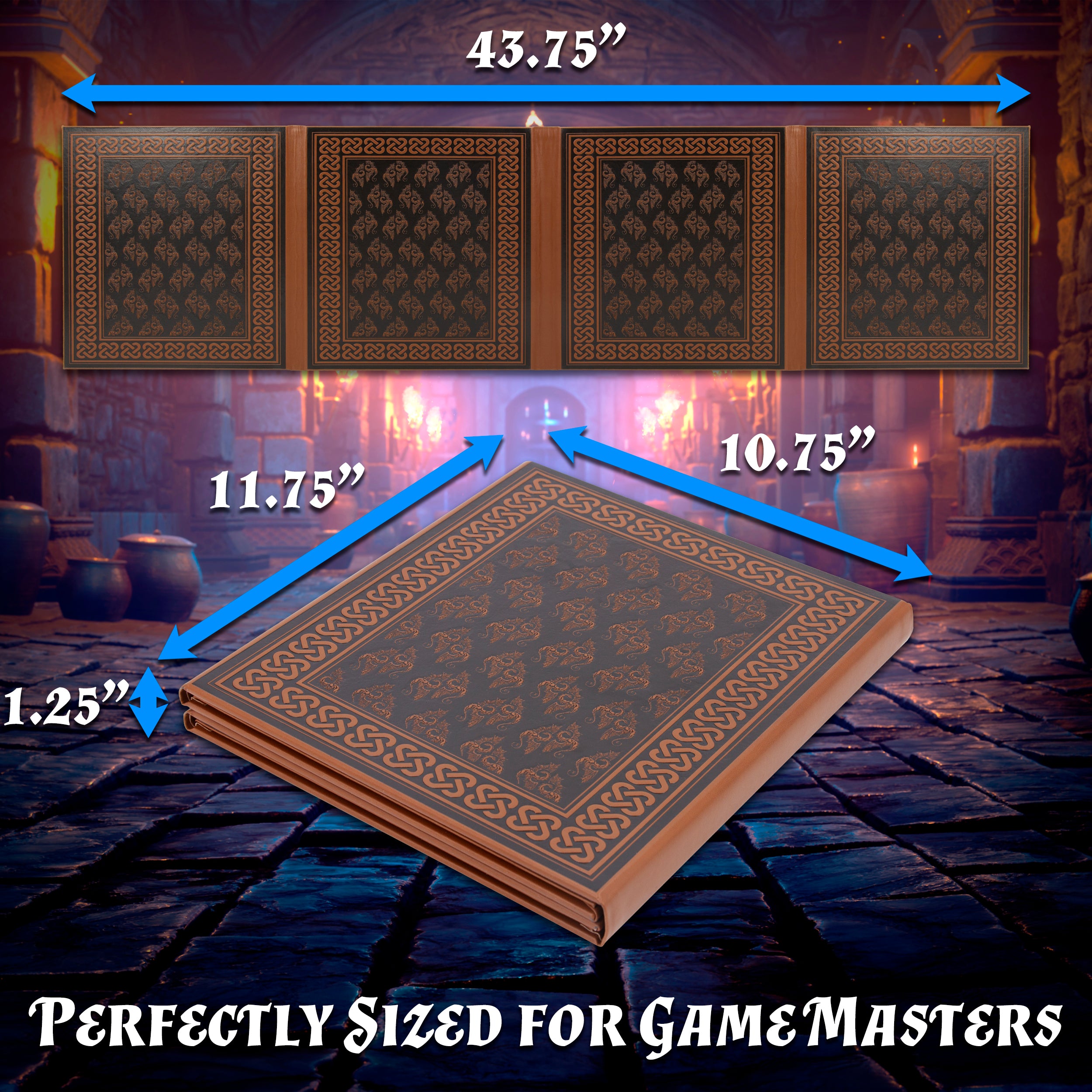 Faux Leather 4-Panel DM Screen with Wet Erase Pockets - Embossed Folding Game Master Screen for Dungeons & Dragons RPG - Black/Brown (Inserts Not Included) - Perfect for Tabletop Gaming Sessions & RPG Campaigns