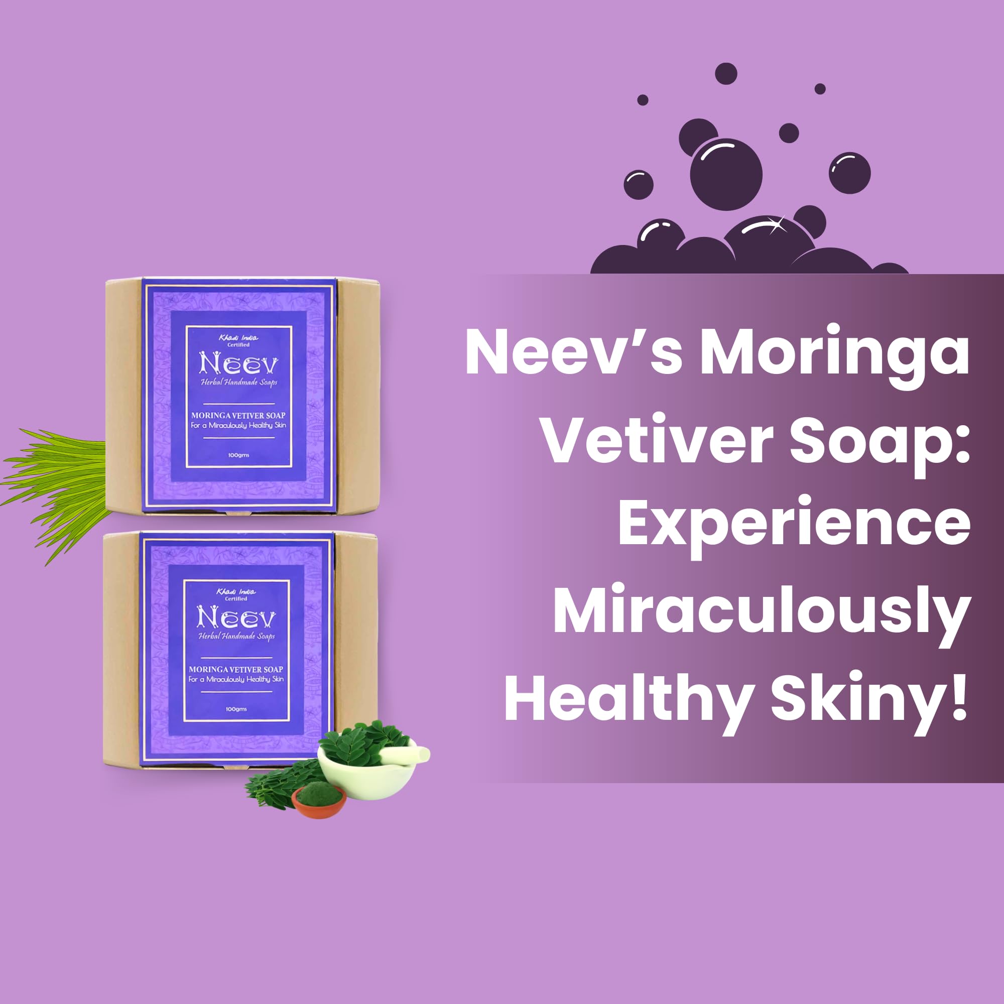 Neev Herbal Handmade Moringa Vetiver Soap - 100g Organic Natural Skincare for Healthy Glowing Skin | Gentle Cleansing for Dry, Sensitive Skin | Perfect for Daily Face & Body Wash