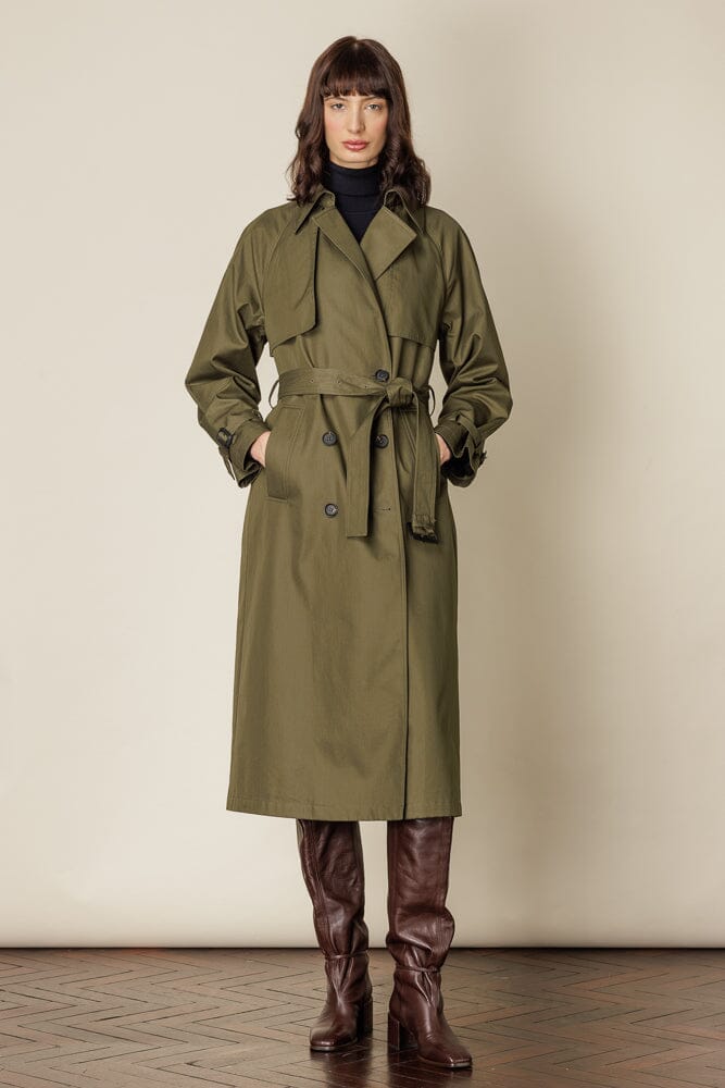 RTW Maddie Trench Coat - Olive Cotton Gabardine Waterproof Jacket for Women | Classic Fall Outerwear for Work & Casual Wear