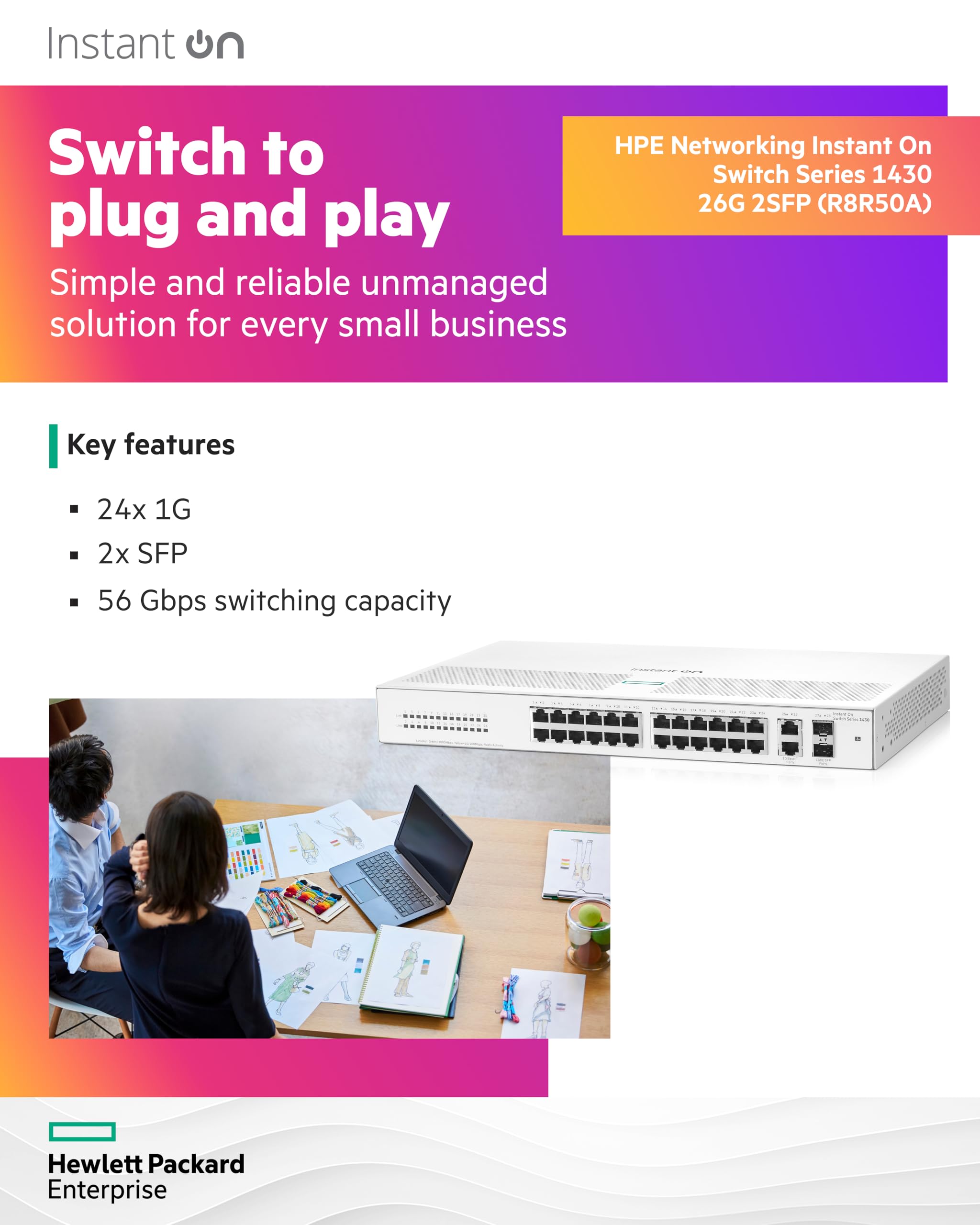 HPE Networking Instant On 1430 26-Port Gigabit Unmanaged Layer 2 Ethernet Switch | 26x 1G Ports + 2x SFP Uplinks | Fanless Design | US Power Cord (R8R50A#ABA) | Ideal for Small Business Networks & Home Office Setups