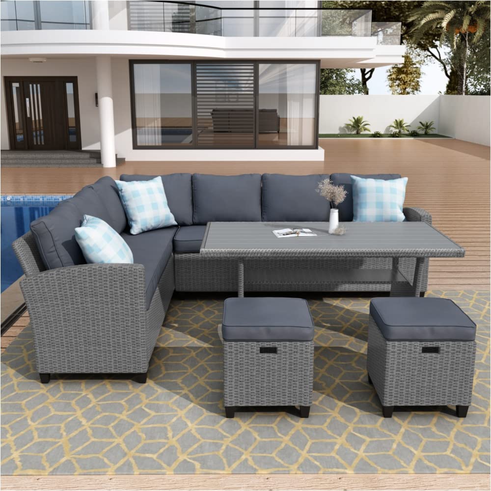 5-Piece Wicker Outdoor Furniture Set - Rattan Patio Conversation Set with Dining Table, Chairs, Storage Ottomans & Throw Pillows (Gray) - Perfect for Backyard, Garden, Poolside & Patio Relaxation