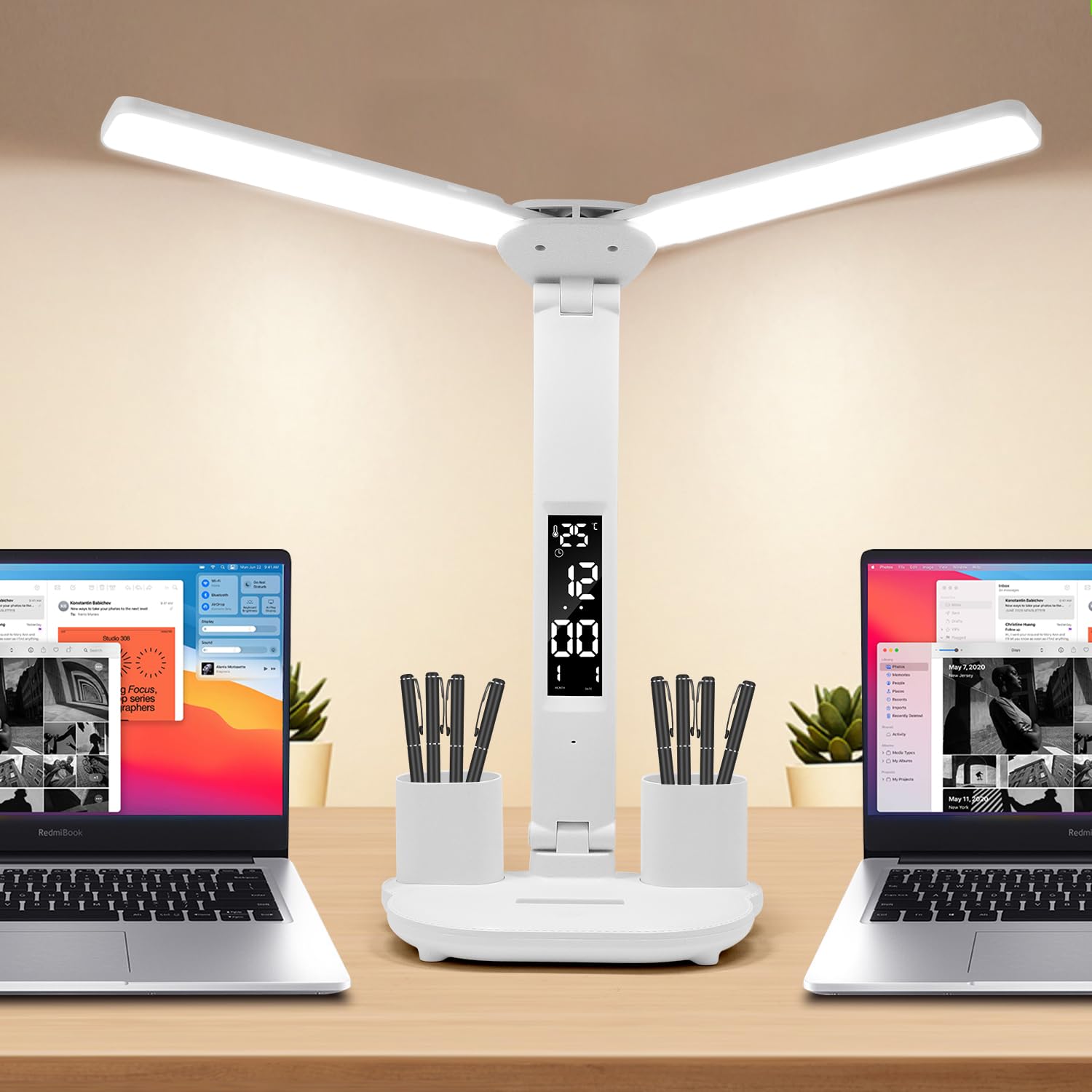 LED Desk Lamp with 2 Pen Holders, Digital Clock (Time/Date/Temperature), 3 Color Modes & Dimmable Touch Control - Foldable Eye-Caring Study Lamp for Office, Home, College Dorm - Perfect for Reading, Working & Night Studying