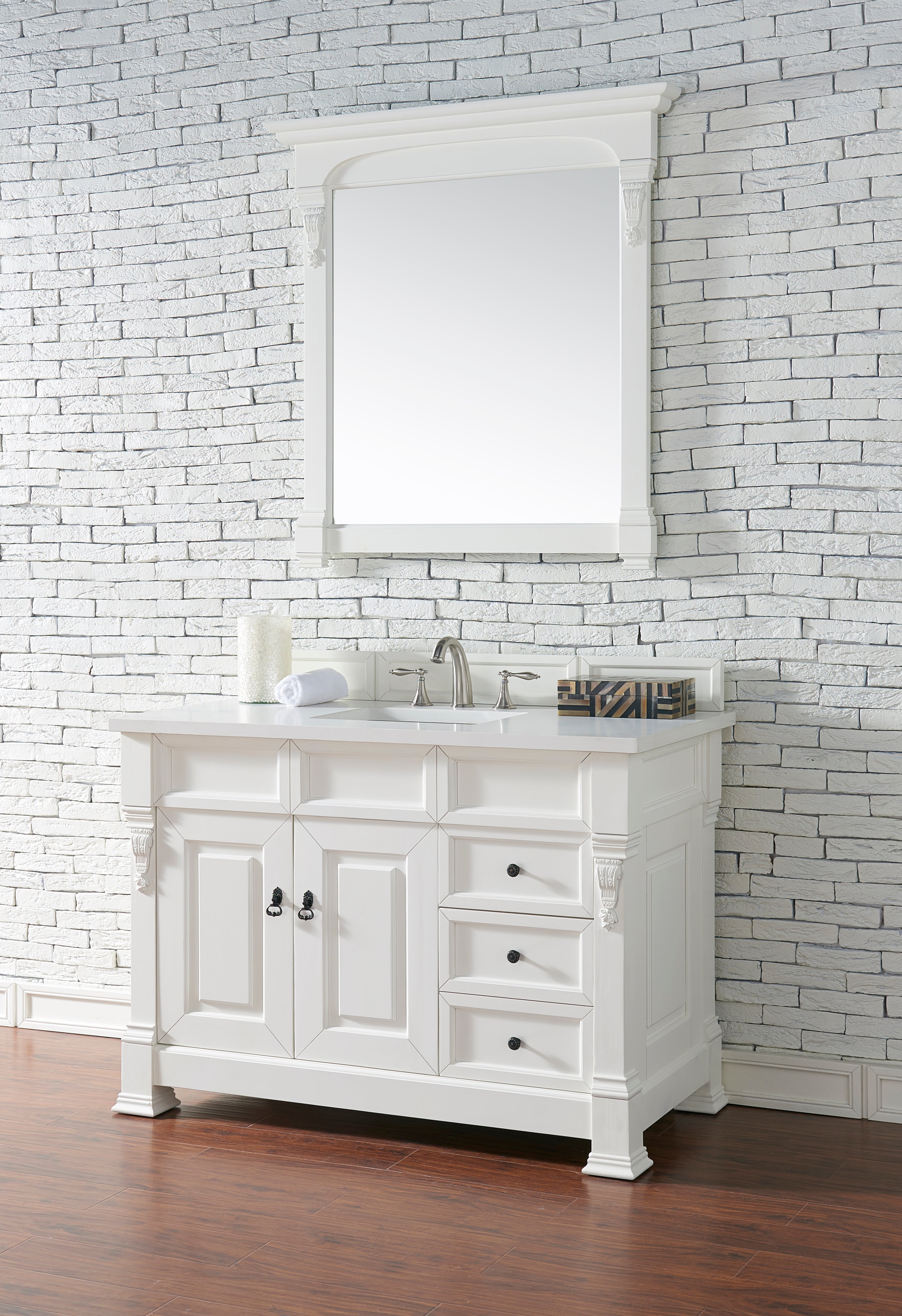Brookfield 48-Inch Single Bathroom Vanity with Classic White Quartz Top - Bright White Finish, 3CM Thick Countertop for Modern Bathroom Remodeling & Home Upgrade