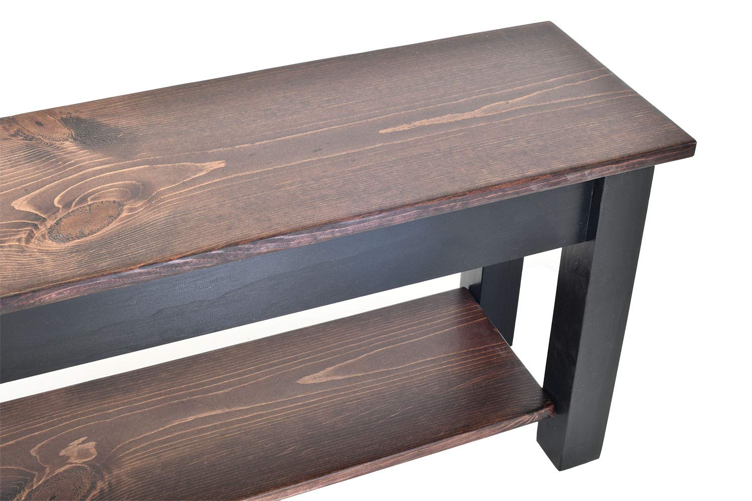 60-Inch Red Mahogany & Black Wooden Bench with Storage Shelf - Entryway Seating, Hallway Decor, Living Room Furniture