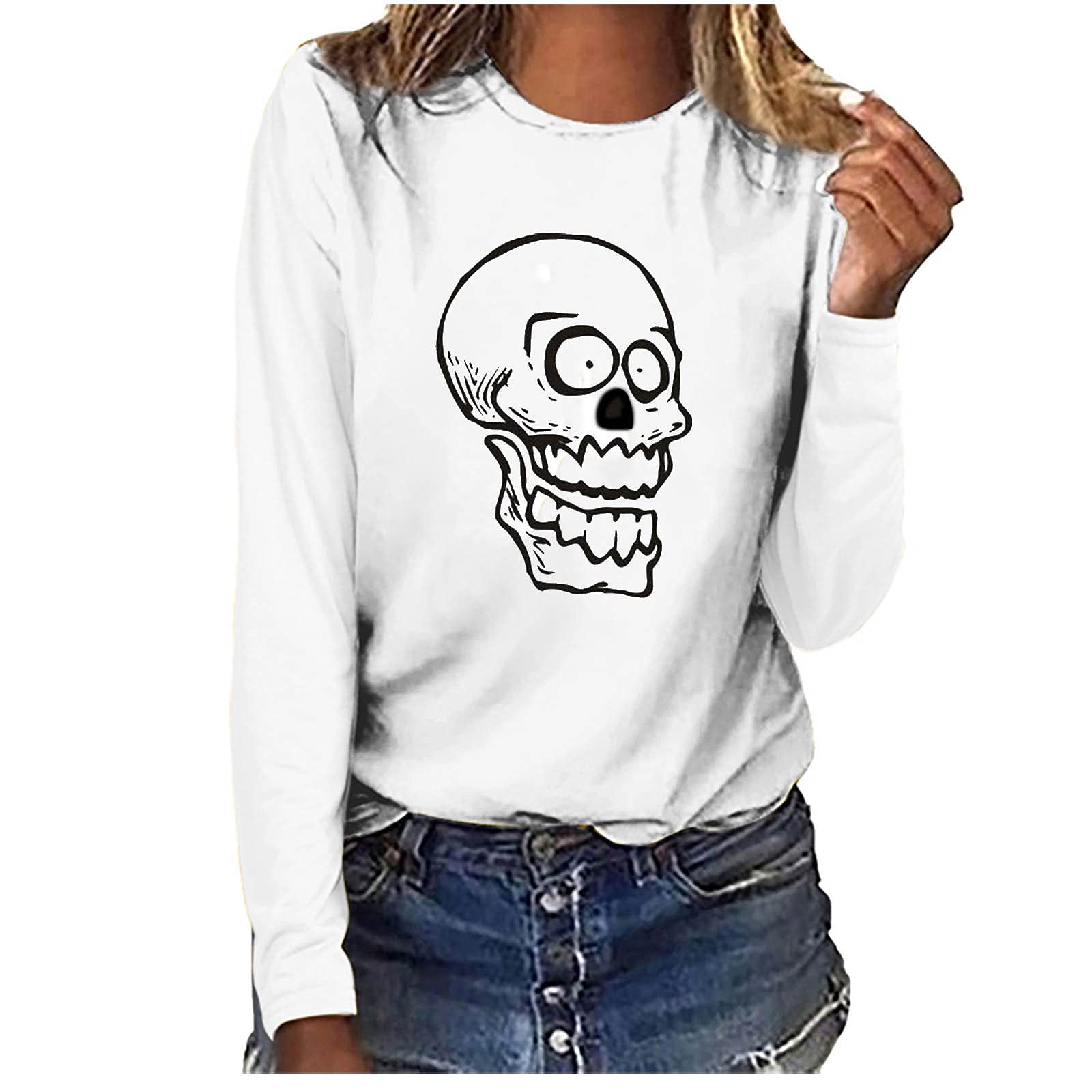 Women's Skull Print Crewneck Sweatshirt - Long Sleeve Casual Loose Fit Comfortable Pullover Top | Perfect for Everyday Wear, Street Style & Layering Outfits