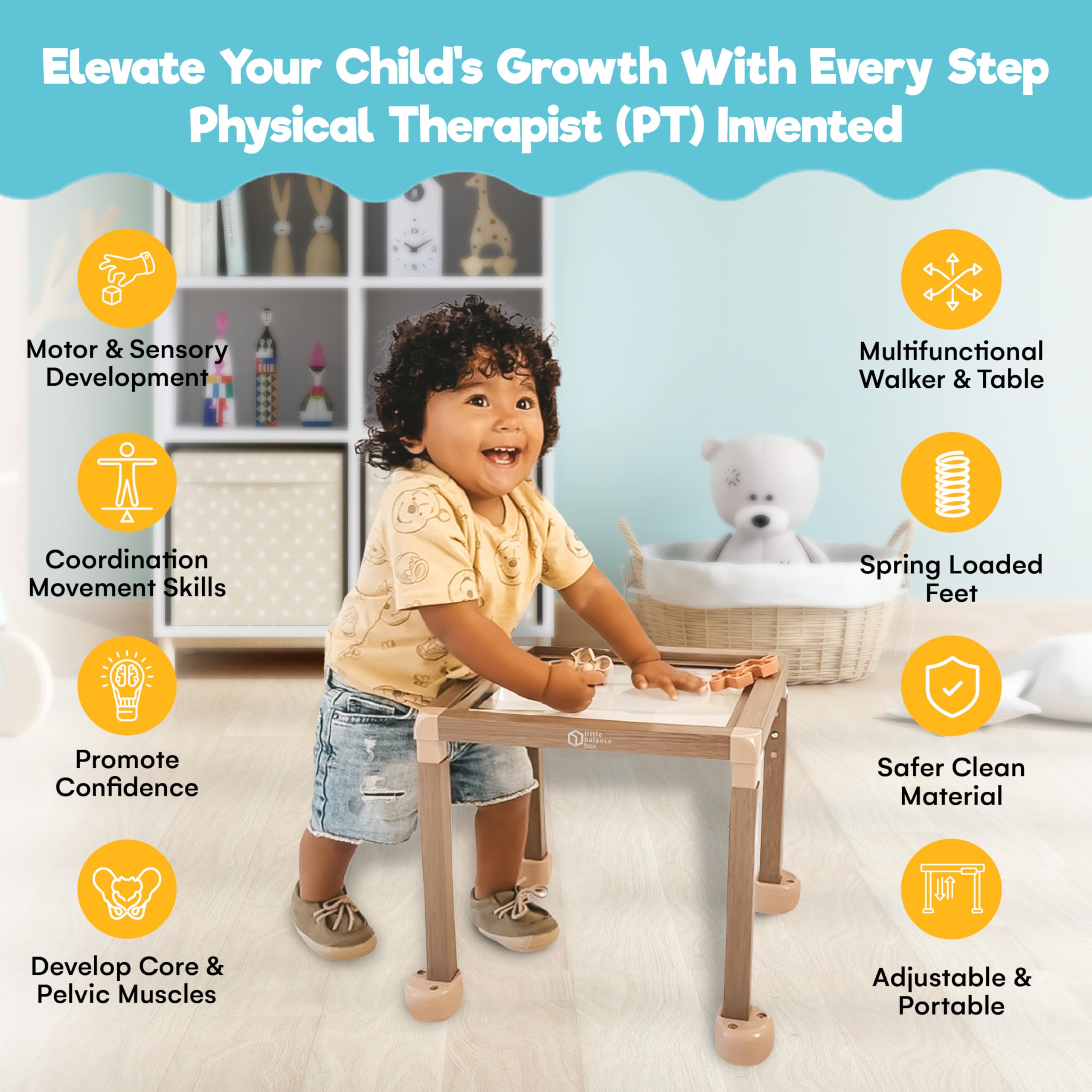 Montessori Push Pull Walker & Activity Table - Adjustable No Wheels Baby Walker with Safe Spring Feet, Eco-Friendly PT-Designed Sit-to-Stand Learning Toy for Toddlers 1-3 Years - Perfect for Early Walking Practice & Playroom Activities