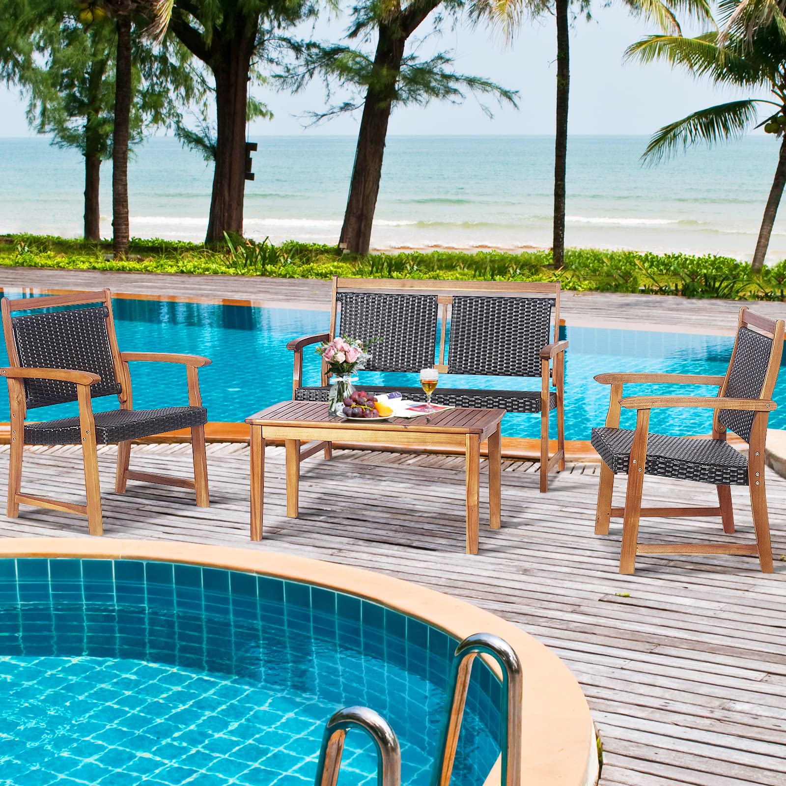 Tangkula 4-Piece Outdoor Patio Furniture Set - Rattan Wicker Conversation Set with Acacia Wood Frame, Waterproof Sectional Sofa with Chairs & Coffee Table for Garden, Backyard, Poolside, Deck or Patio - Perfect for Relaxing, Entertaining and Outdoor Gatherings