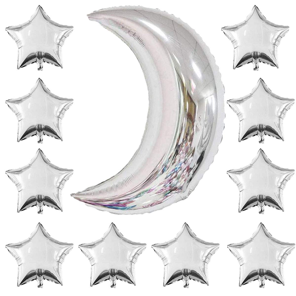 36 Inch Silver Moon & 18 Inch Silver Star Foil Balloons Set - Pentagram Balloons for Birthday, Wedding, Baby Shower Party Decorations (1 Moon + 10 Stars) - Perfect for Galaxy Themed Parties, Nursery Decor & Celestial Celebrations