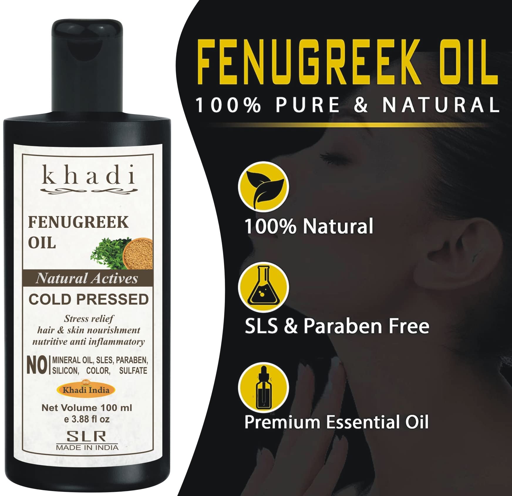 SLR Khadi Fenugreek Oil 100ml - 100% Pure Cold Pressed Hair Growth Oil for Dry Scalp & Hair Loss Treatment | Ayurvedic Body Massage Oil for Skin Care & Relaxation | Perfect for Daily Hair Care Routine, Aromatherapy & Home Spa Treatments