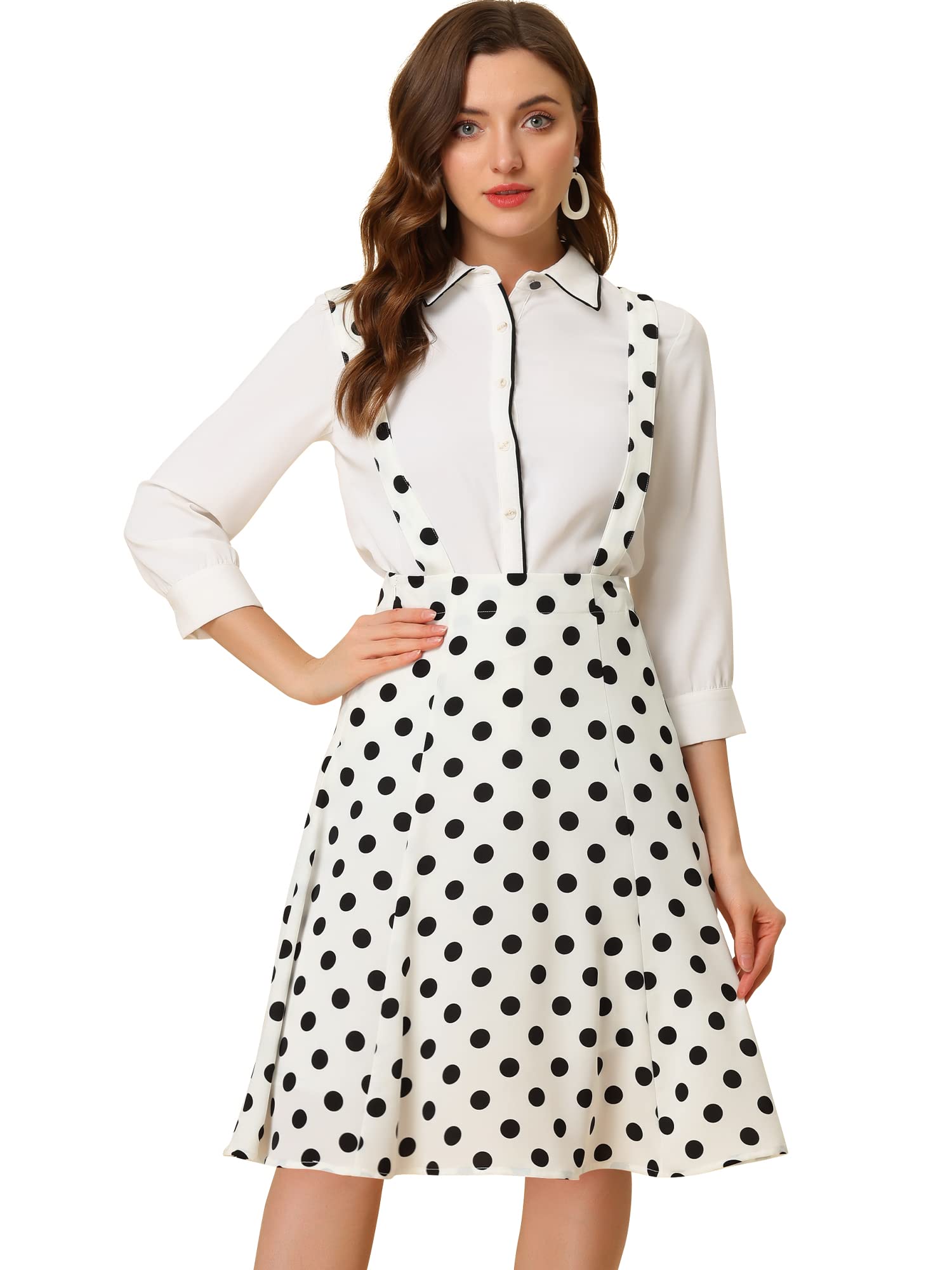 Allegra K Women's Vintage 1950s Polka Dot Suspender Skirt - Flowy Midi Skirt for Retro Style, Pin Up Fashion & Casual Outfits