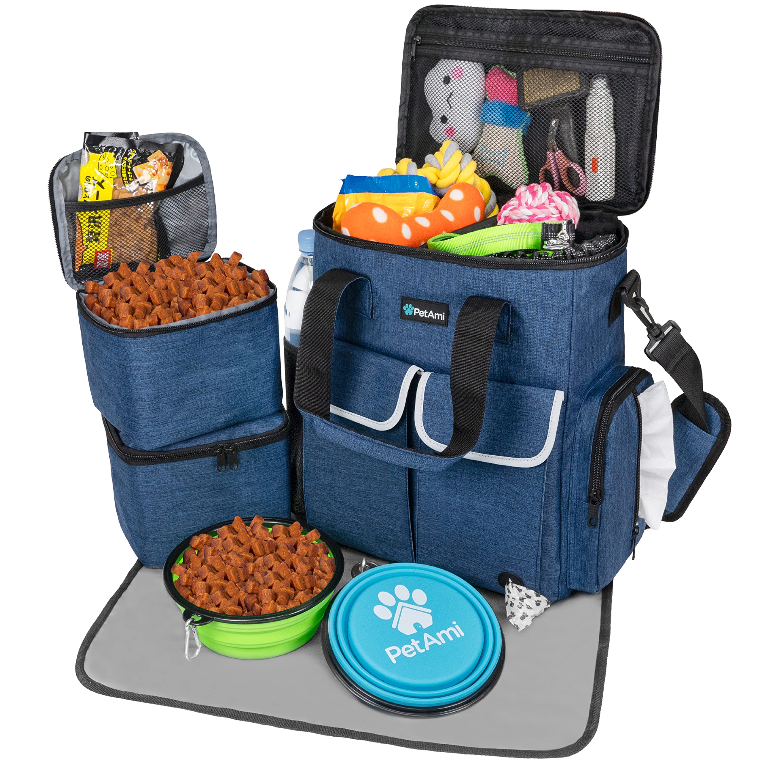 PetAmi Dog Travel Bag - Portable Pet Supplies Organizer for Dogs & Cats - Includes 2 Food Containers, 2 Collapsible Bowls & Feeding Mat - Perfect for Travel, Camping, Hiking & Weekend Trips (Navy Blue)