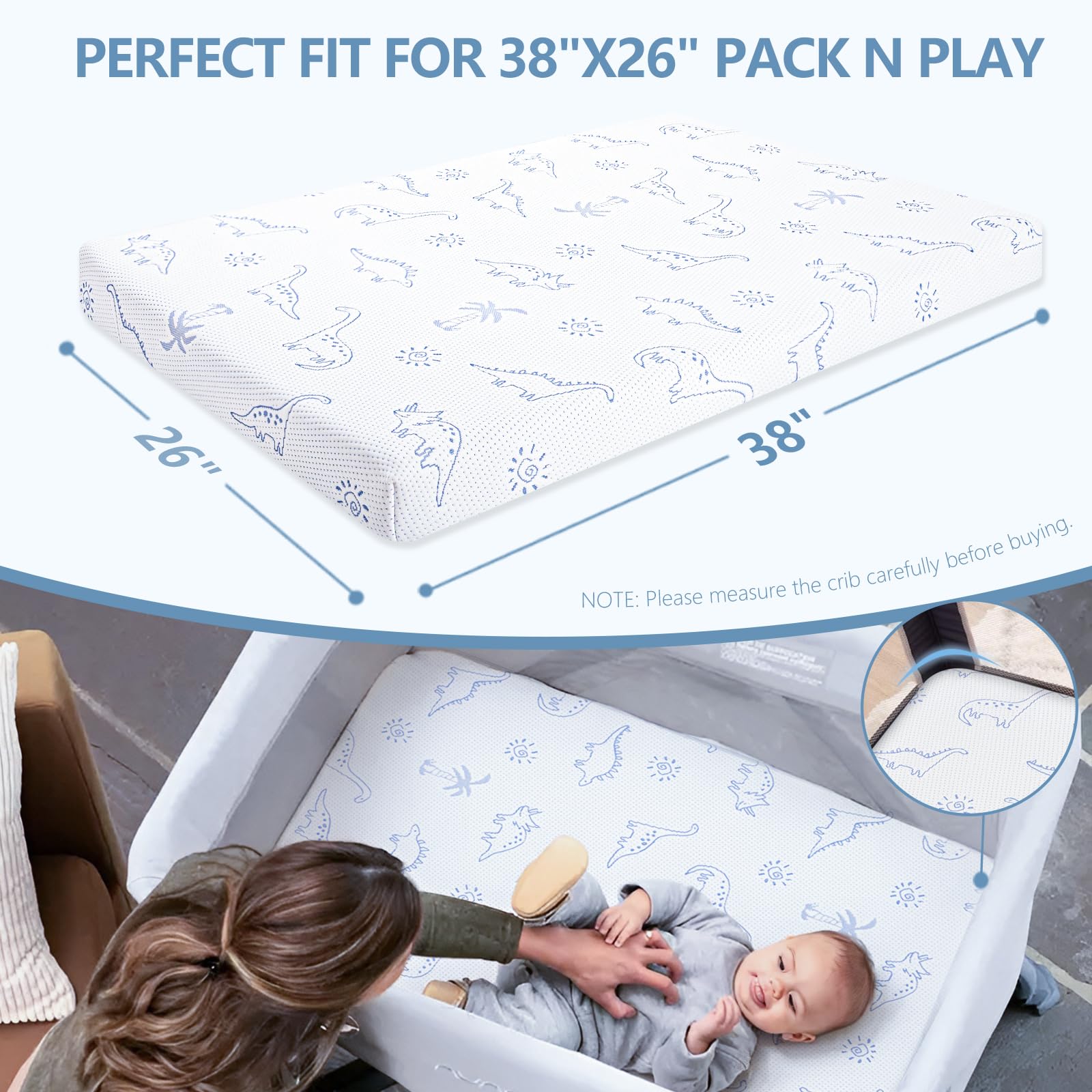 Dual-Sided Memory Foam Pack and Play Mattress Pad for Baby Toddlers - 38x26 Inch Portable Mini Crib Mattress with Ultra-Soft Dinosaur Cover, Removable & Washable - Perfect for Travel, Daycare & Home Nursery Use