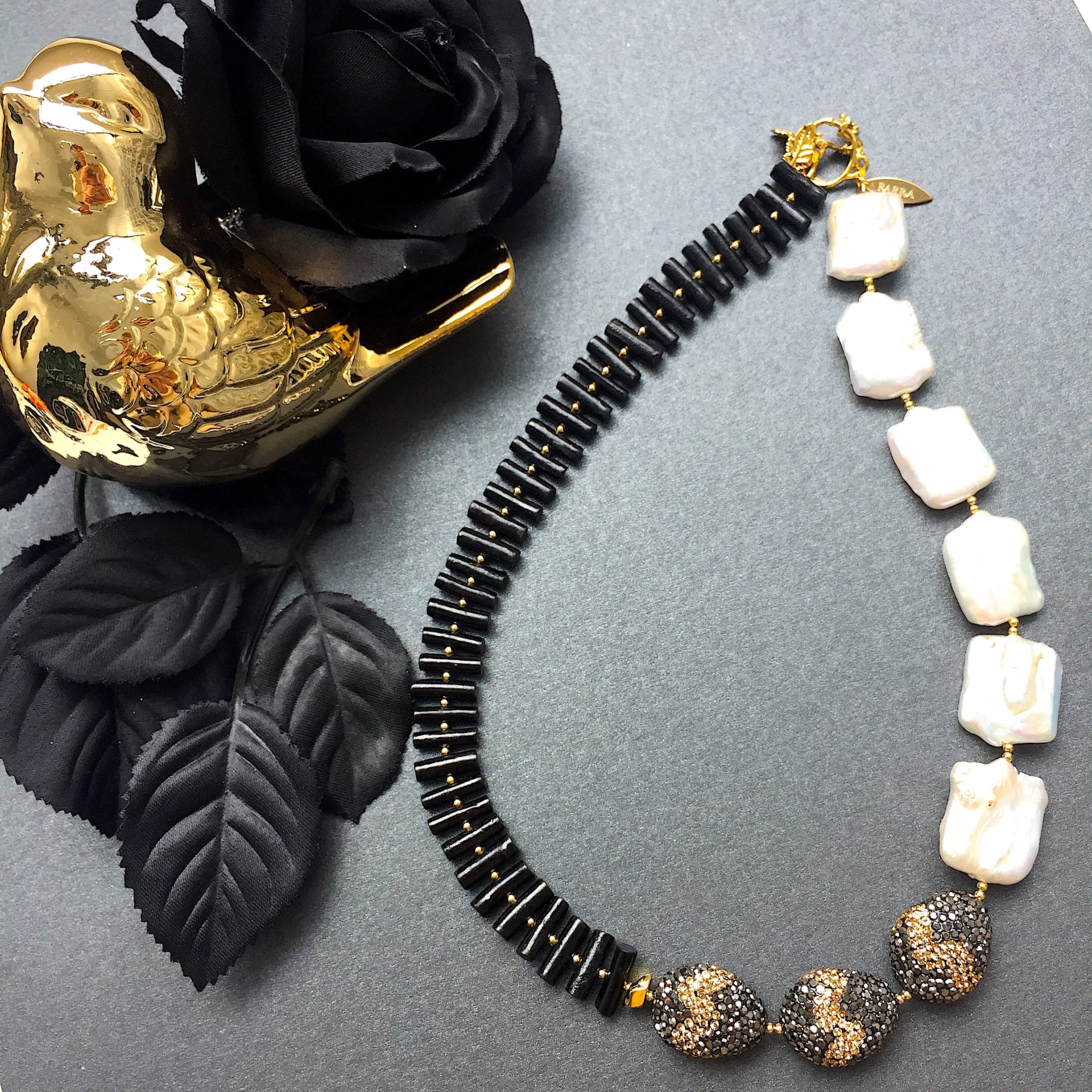 Elegant Freshwater Pearls & Black Coral Statement Necklace MN006 | Perfect for Evening Gala, Wedding & Special Occasions