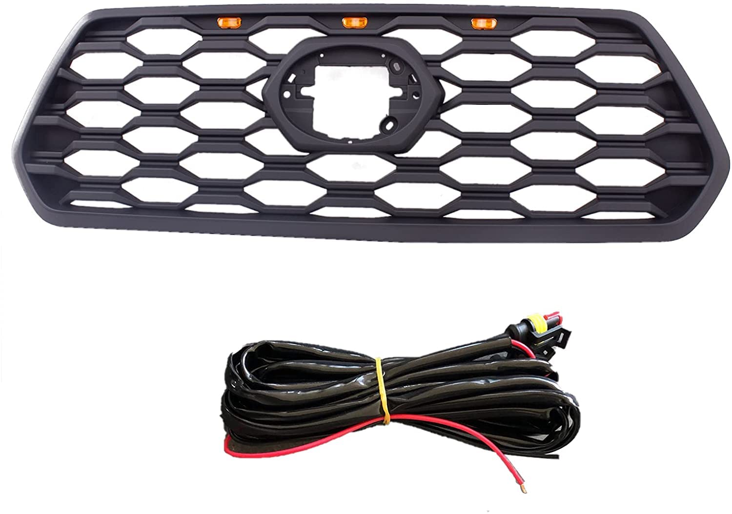 Honeycomb Style Front Replacement Grill for 2016-2023 Toyota Tacoma - Matte Black Grille with 3 LED Amber Lights (No Logo) | Off-Road Upgrade & Custom Truck Accessory