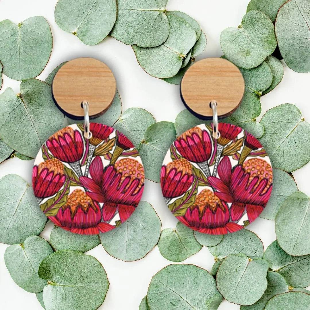 Handmade Australian Waratah Flower Wooden Earrings - Unique Boho Dangle Earrings for Women - Perfect for Festivals, Weddings & Everyday Wear