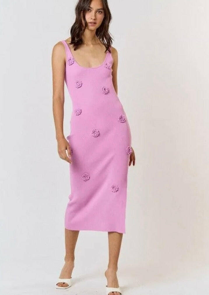 Rosette Ribbed Knit Sweater Midi Dress in Candy Pink - Women's Elegant Winter Outfit for Date Night & Holiday Party