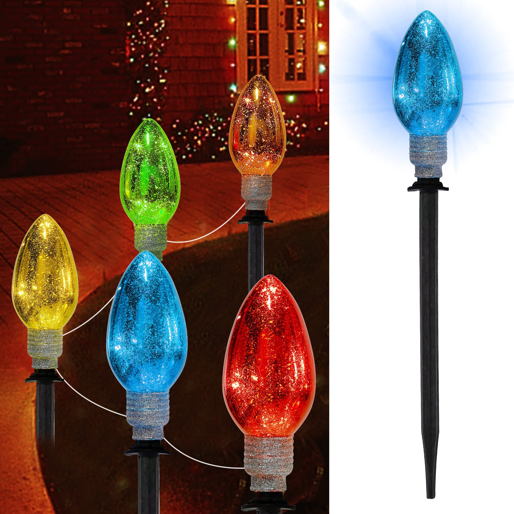 Twinkle Star Christmas Pathway Lights - 5 Pack Large Multicolored C9 Bulbs with Stakes, Connectable Incandescent Outdoor String Lights for Holiday, Patio, Garden & Yard Decor | Perfect for Christmas, Halloween, Parties & Winter Celebrations