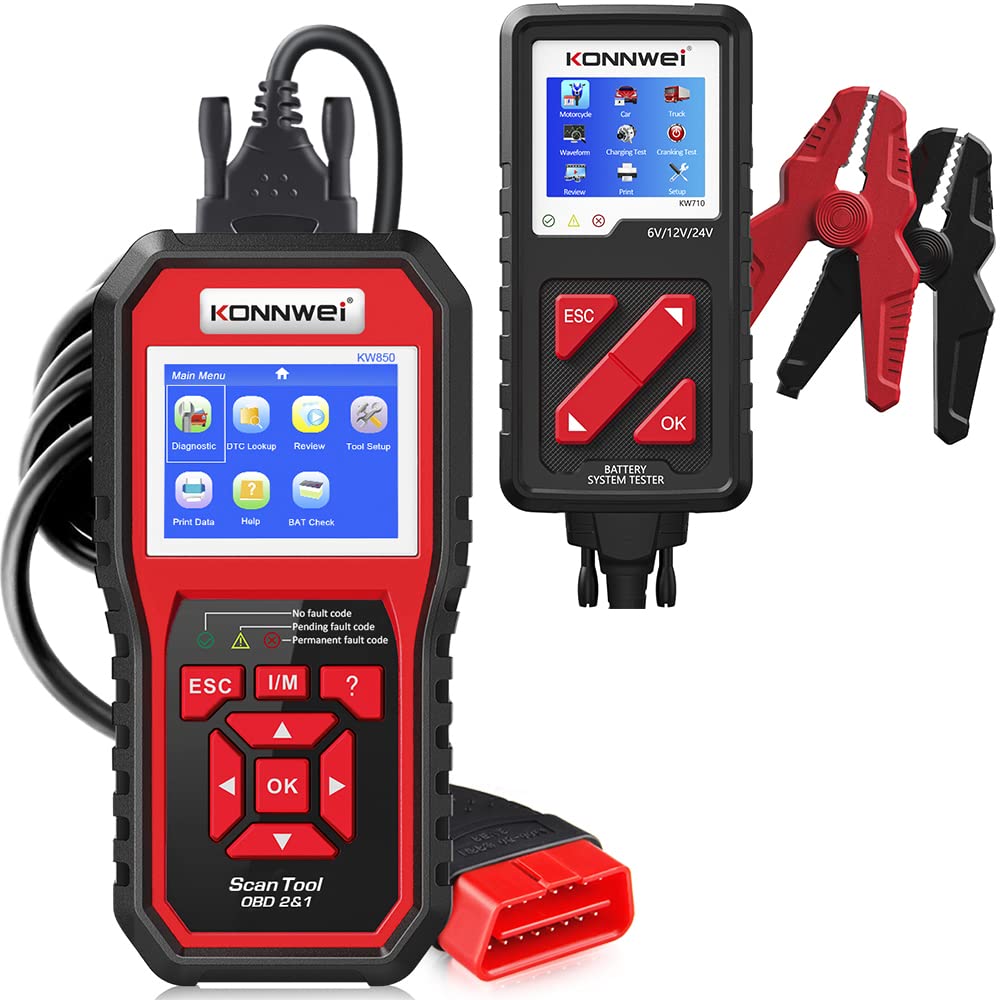 KW710 Battery Tester & KW850 OBD2 Scanner - Professional Automotive Diagnostic Tool for Car Battery Health Check & Engine Fault Code Reading - Perfect for Mechanics & DIY Car Maintenance