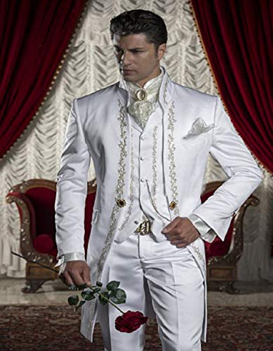 Men's Embroidered White Mandarin Lapel Tuxedo Suit 3-Piece Set - Wedding, Prom, Best Man Blazer for Formal Occasions & Special Events