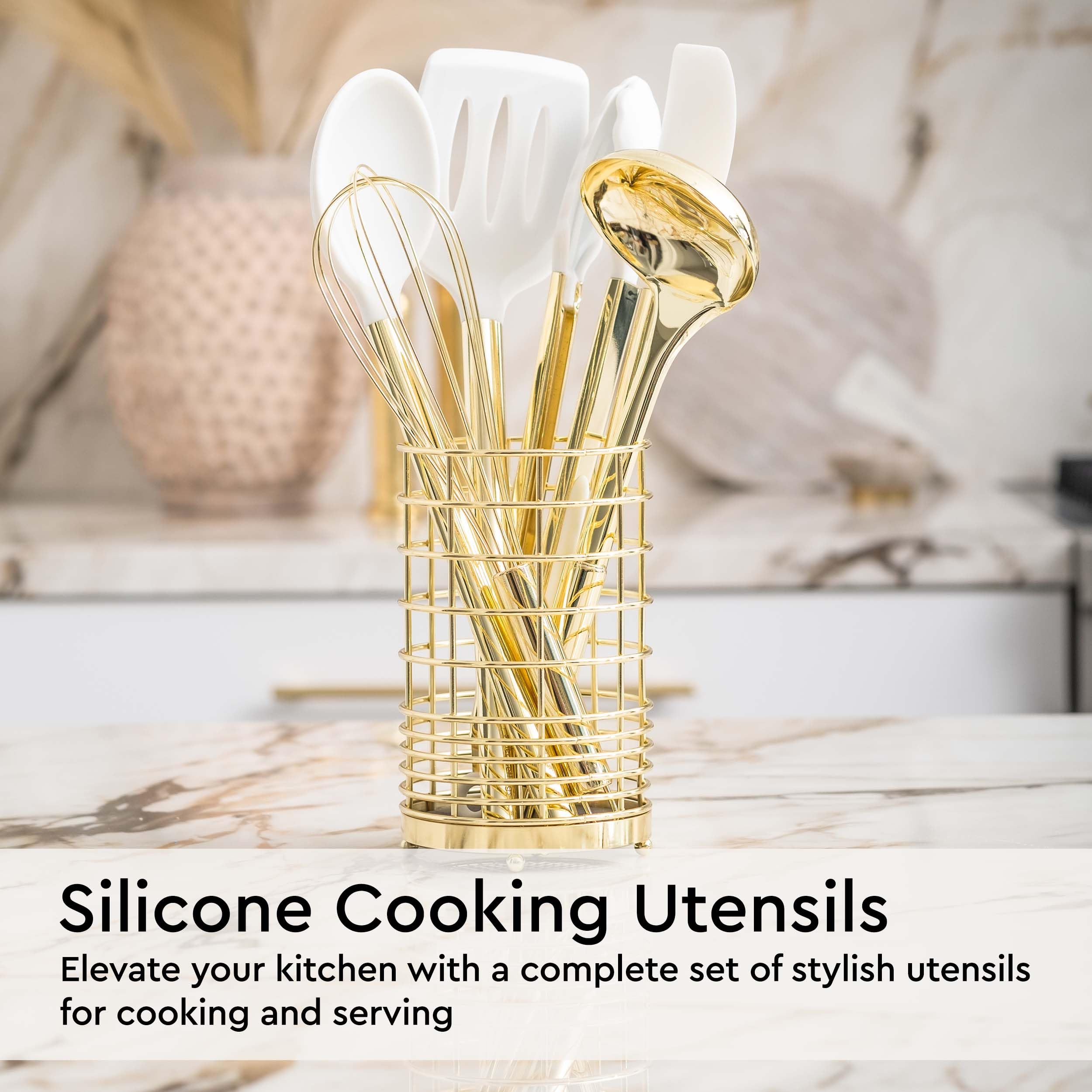 Premium 23-Piece White & Gold Kitchen Utensil Set - Includes Measuring Cups, Spoons, Silicone Cooking Tools & Utensil Holder - Perfect for Baking, Cooking & Modern Kitchen Decor - Ideal Gift for Home Chefs & Housewarming Parties