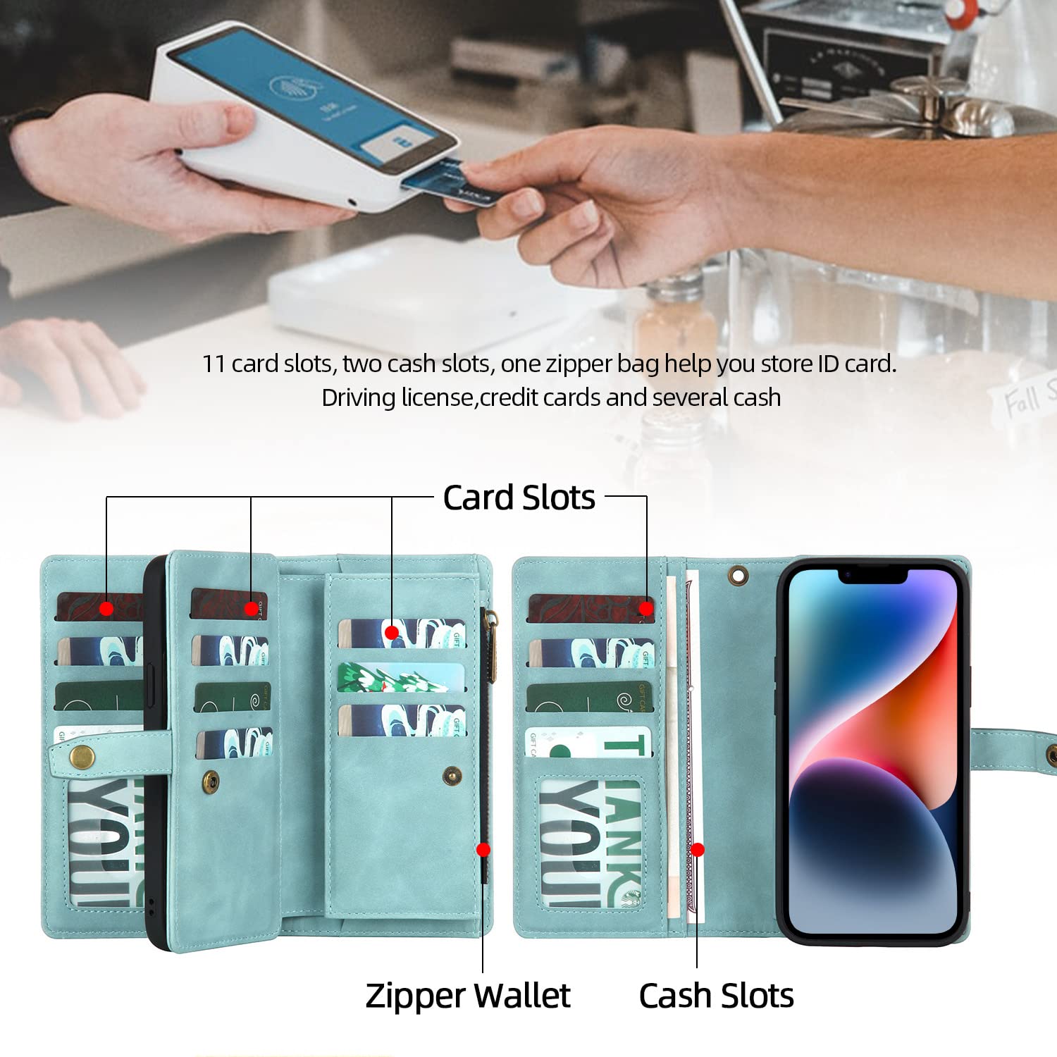 Magnetic Detachable Wallet Case for iPhone 14 with Card Holder & Wrist Strap - PU Leather Phone Cover for Women & Men (Blue) - Perfect for Everyday Use, Travel & Hands-Free Convenience