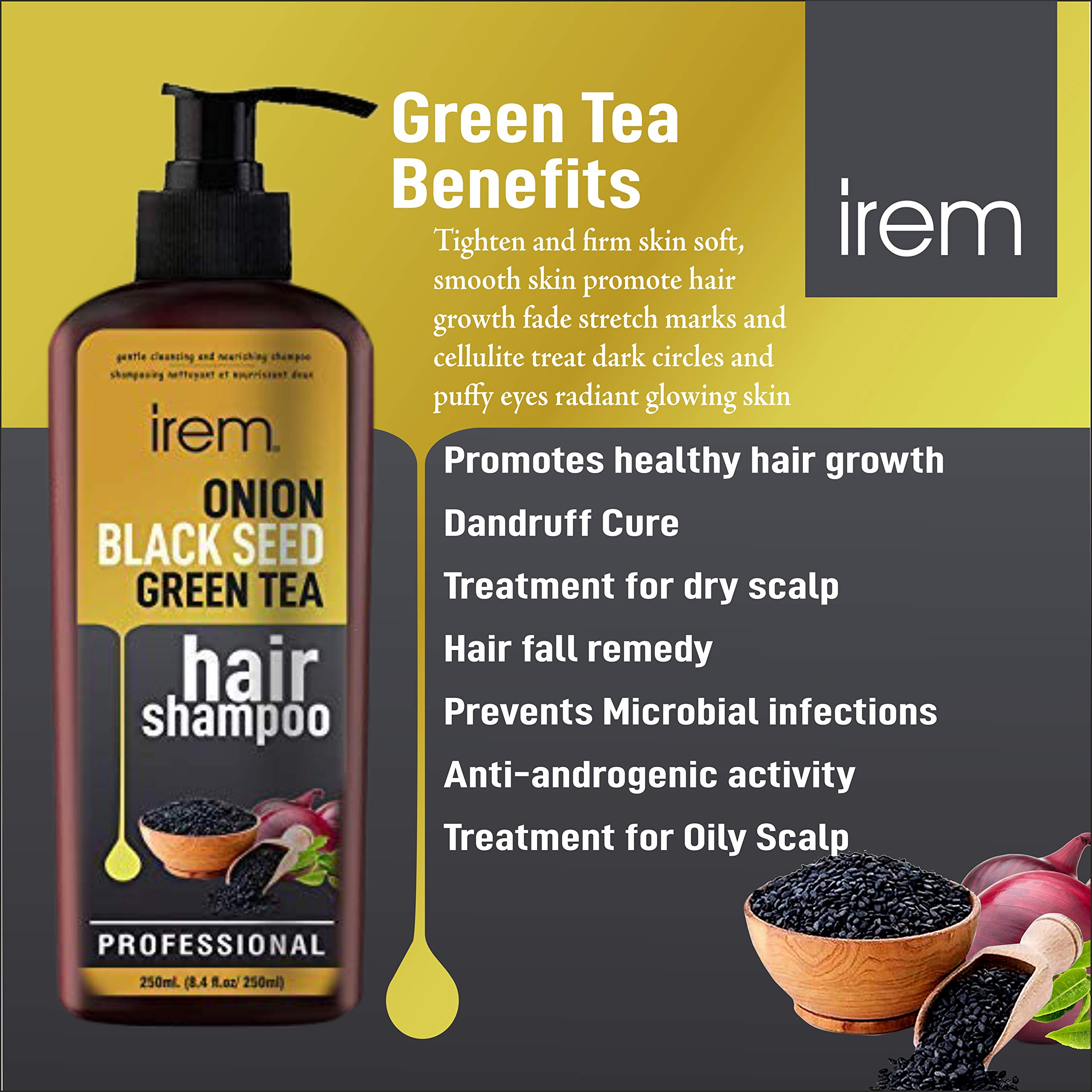 Irem Onion Black Seed & Green Tea Shampoo for Hair Growth & Hair Loss Prevention - 250ml - Revitalizes & Strengthens Hair for Men & Women - Perfect for Daily Use & Damaged Hair Care