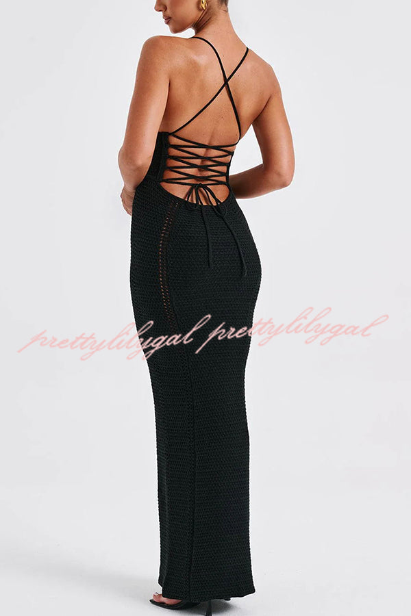 Elegant Knit Crochet Hollow Out Back Lace Up Stretch Maxi Dress for Women - Summer Beach Vacation & Boho Chic Outfit
