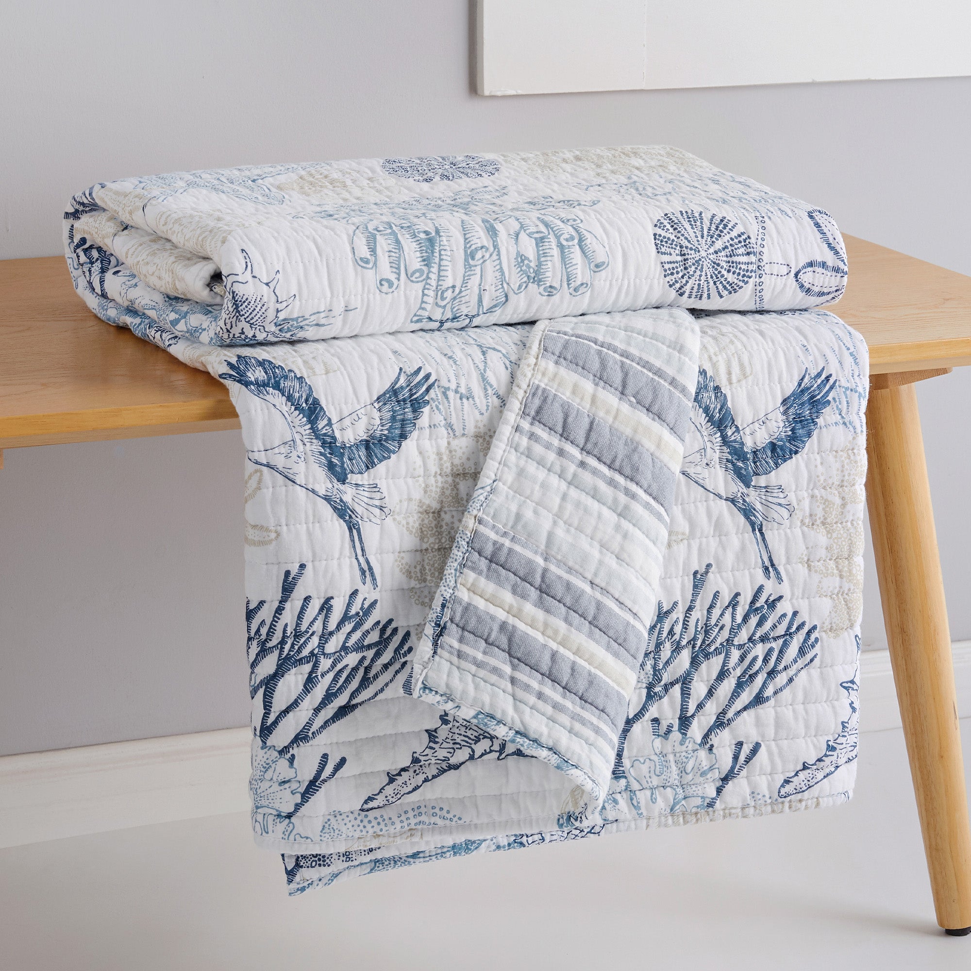 Serena Sea Quilted Throw Blanket - Soft Lightweight Bedspread for Couch, Sofa & Bed - Cozy Coastal Decor for Living Room, Bedroom & Beach House