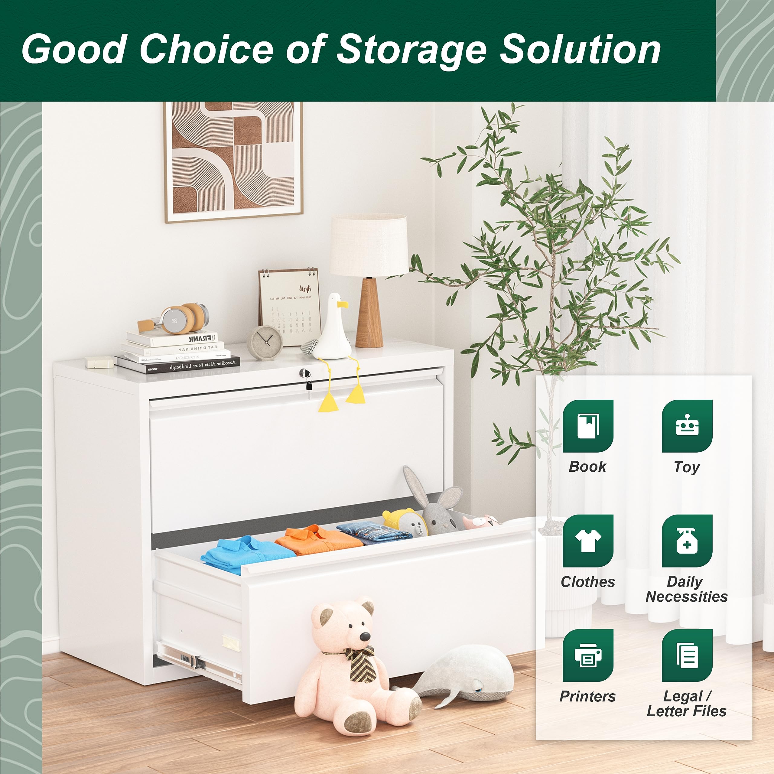 Superday 2-Drawer Lockable Metal File Cabinet - White Lateral Filing Cabinet for Letter/A4/Legal Size, Secure Storage for Home & Office Use - Perfect for Organizing Documents, Files, and Office Supplies