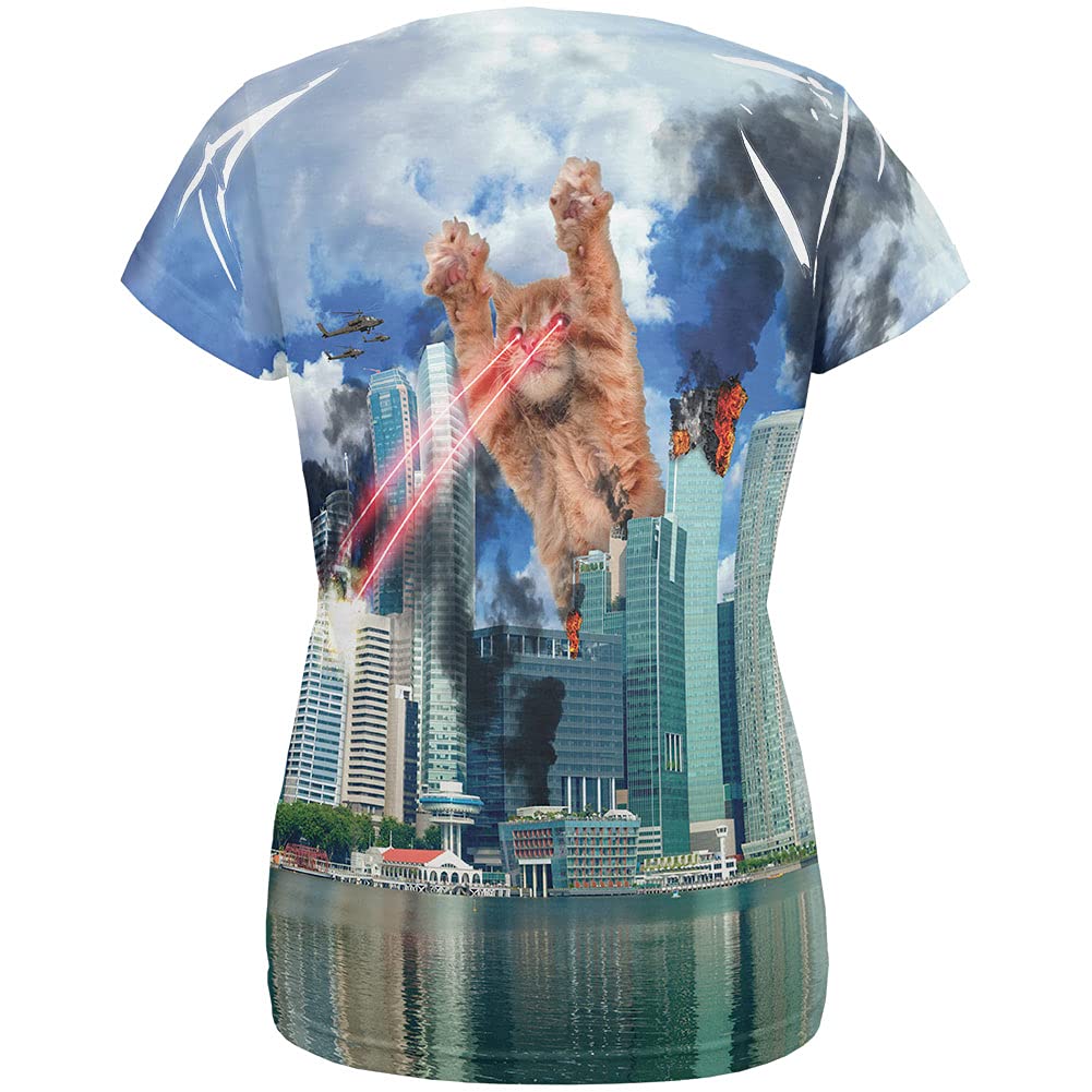 Giant Cat Laser Rampage Destroy All Graphic T-Shirt for Women - Fun Casual Tee for Cat Lovers, Gaming Enthusiasts & Meme Fans