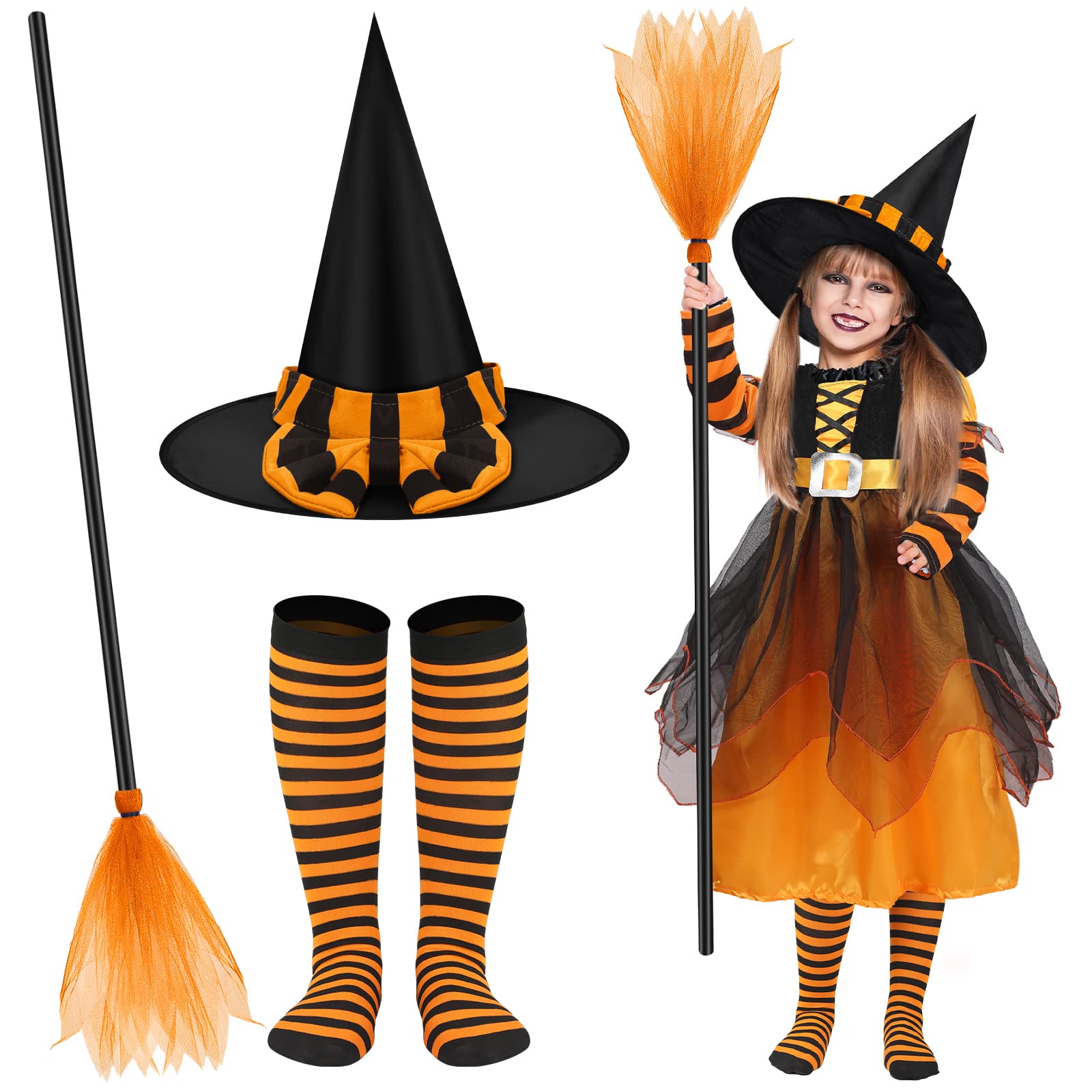 4 Pcs Halloween Witch Costume Set for Kids - Cute Witch Hat, Broom, Tutu & Striped Stockings - Perfect for Girls' Fairy Tale Dress Up, Trick or Treat & Halloween Parties