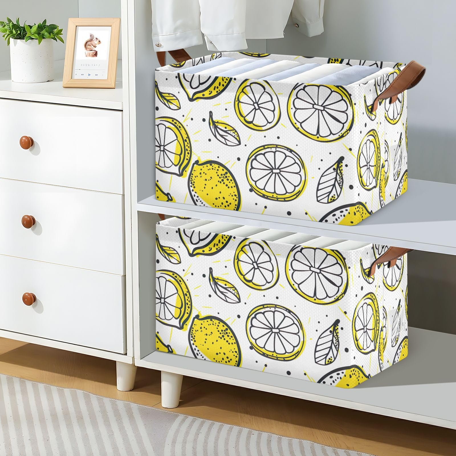 Foldable Storage Bins with Handles - 2 Pack Yellow Lemon Storage Cubes (16.9