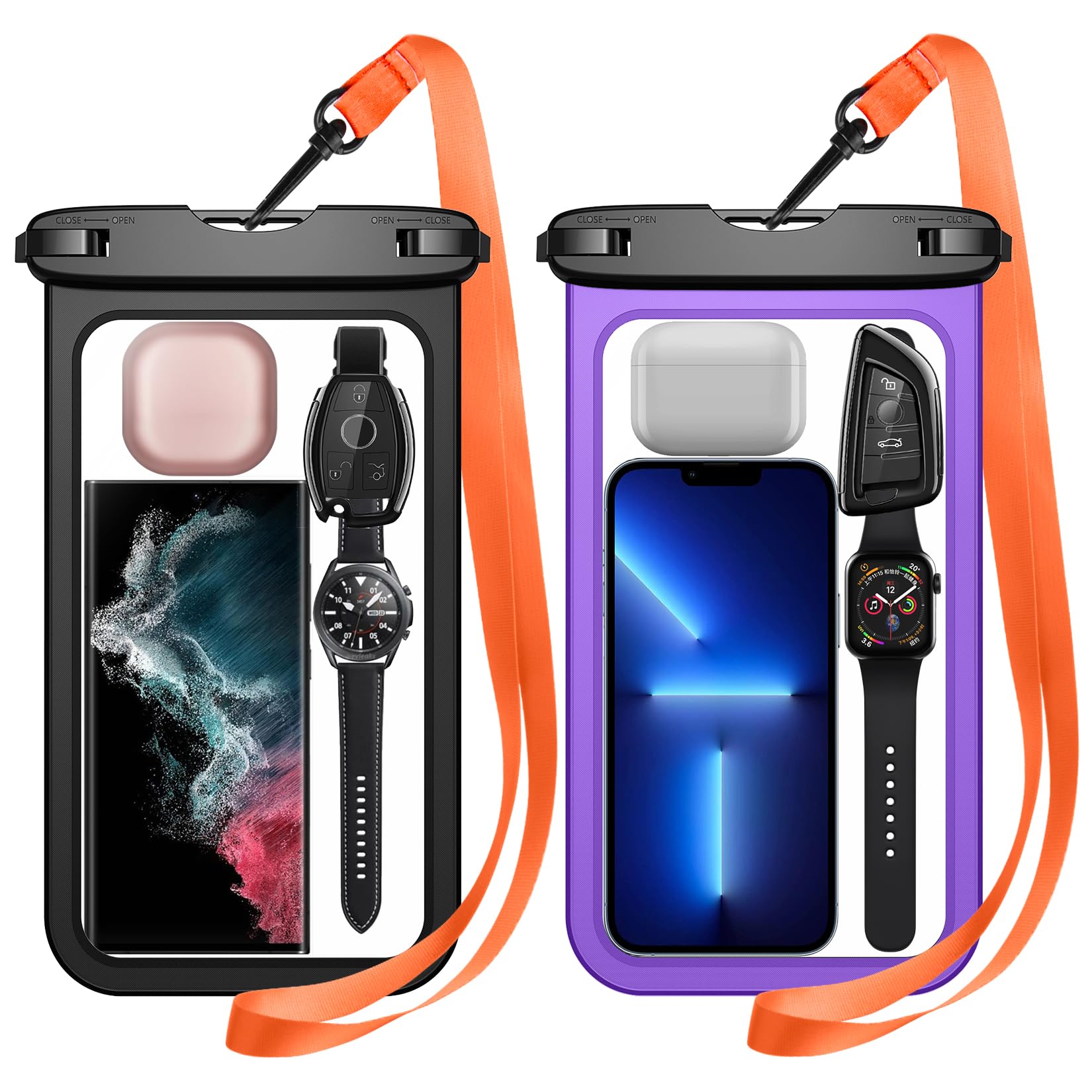 Temdan 2 Pack Waterproof Phone Pouch - IPX8 Universal Dry Bag with Lanyard for iPhone 16 Pro Max/16/15/14/13 & Galaxy S25 Ultra/S24/S23 - Up to 10 Inch Large - Perfect for Swimming, Beach Vacation, Kayaking & Water Sports - Purple
