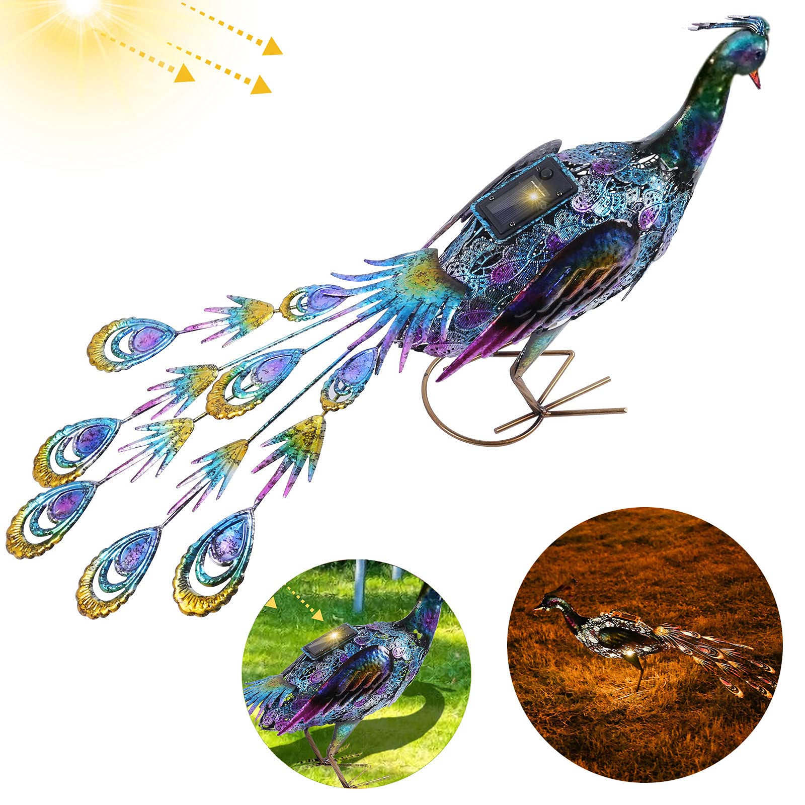 Solar Powered Metal Peacock Garden Lights - 15 Inch Waterproof LED Outdoor Decor for Patio, Yard, and Garden | Elegant Landscape Lighting for Pathways, Flower Beds & Backyard Decorations