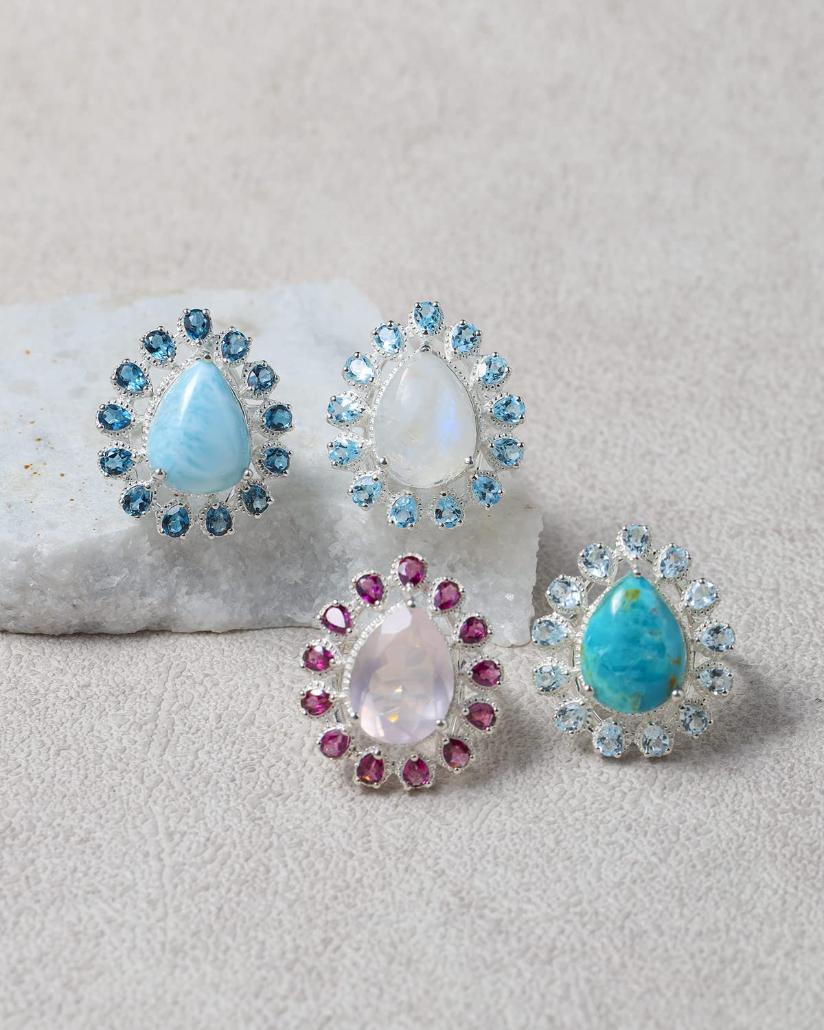 YoTreasure 925 Sterling Silver Pear Shaped Gemstone Engagement Ring for Women - Larimar, Turquoise, Moonstone, Blue Topaz, Rose Quartz & Rhodolite Garnet | Perfect for Weddings, Anniversaries & Special Occasions