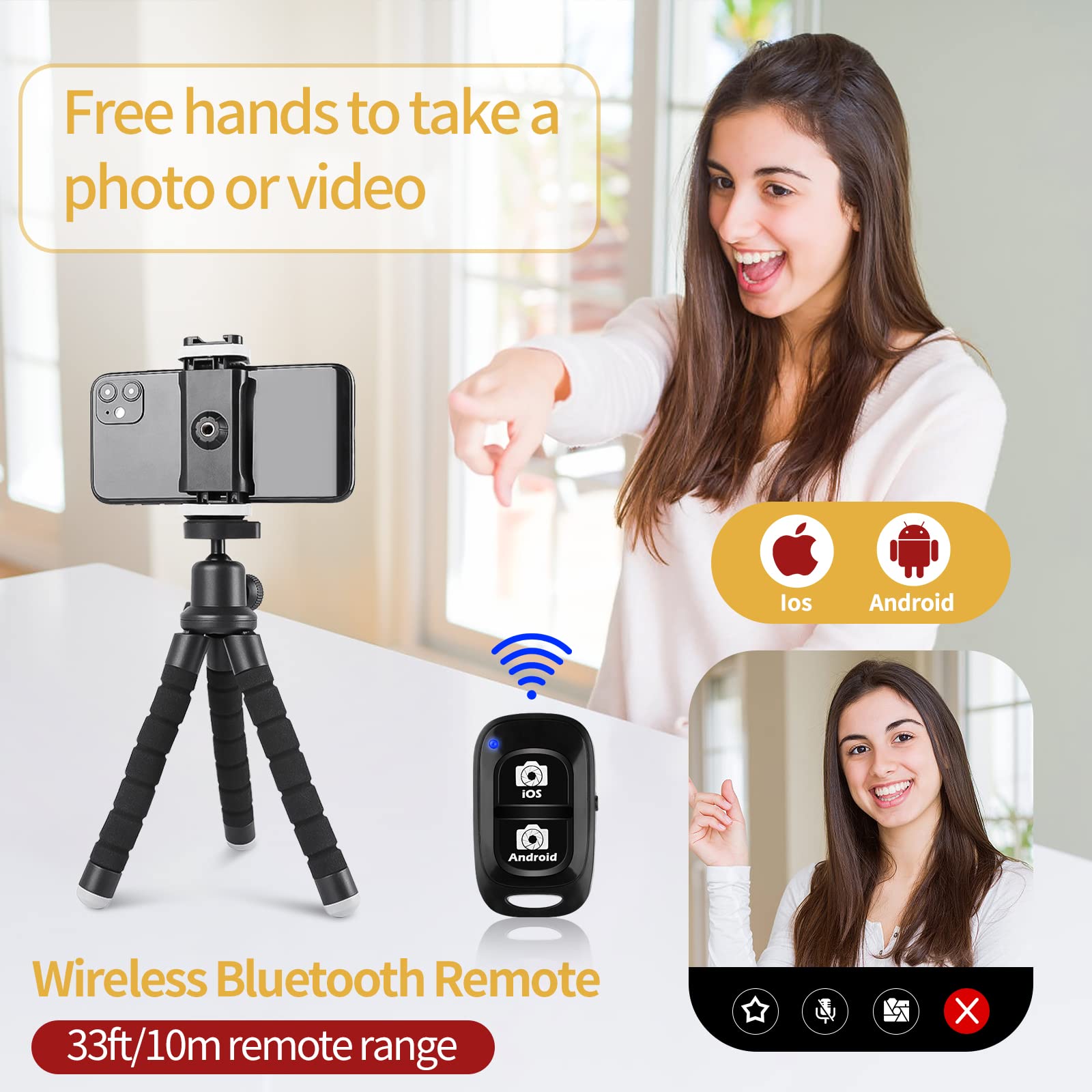 Flexible Phone Tripod Stand with Wireless Remote & Universal Phone Holder - Portable Mini Travel Tripod for iPhone, Android, Cameras - Perfect for Vlogging, Selfies, Live Streaming & Outdoor Photography