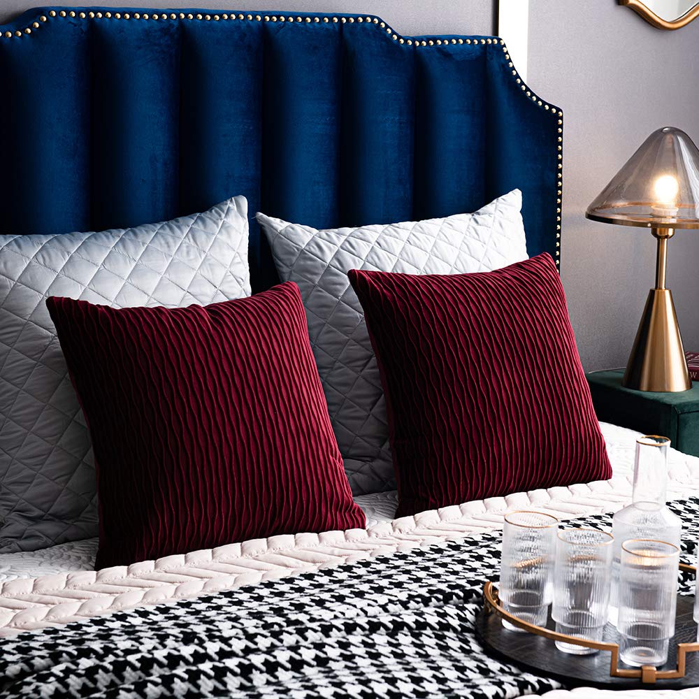 DEZENE 2 Pack 20x20 Inch Burgundy Striped Velvet Square Throw Pillow Covers - Decorative Farmhouse Couch Pillow Cases for Living Room, Bedroom & Sofa Decor